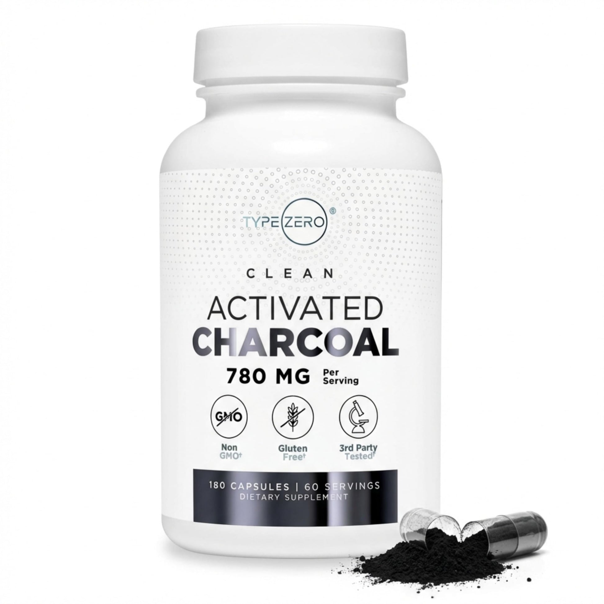 Type Zero Activated Charcoal Capsules (180 Count) - 60 Servings, 780mg Per Serving, from Coconut Shell, Non-GMO, Gluten-Free Type ZeroUS supplements