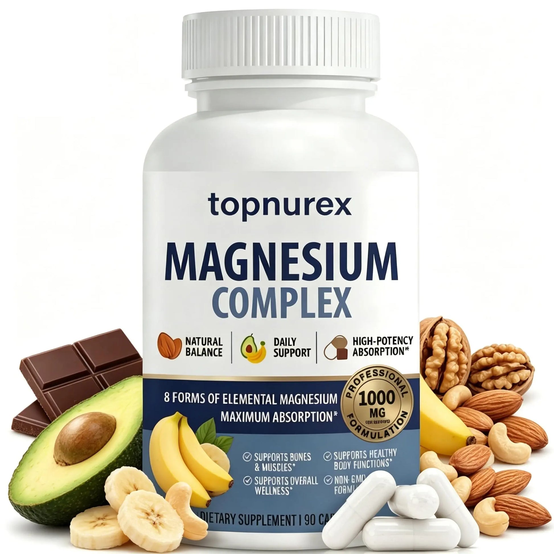Topnurex Magnesium Complex for Women & Men - 1000mg High Absorption, 8 Essential Magnesium, 90 Capsules TopnurexAu supplements