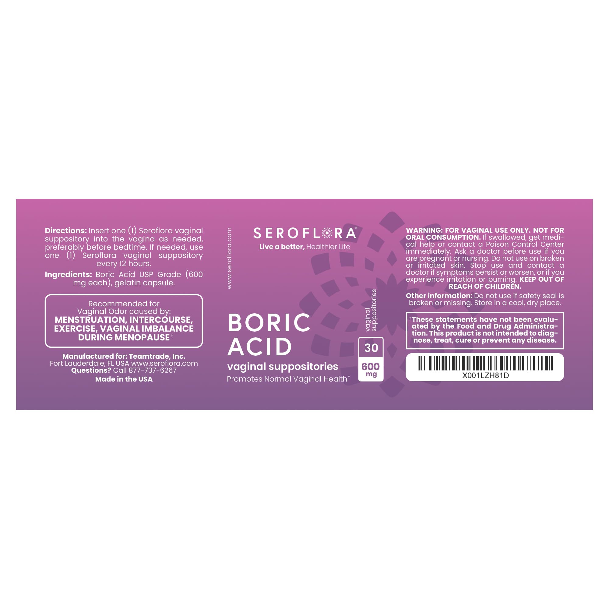 Seroflora Boric Acid Vaginal Suppositories for Women + 1 Suppository Applicator - Helps Support Vaginal Odor pH Balance, Yeast Infection and Bacterial Vaginosis SerofloraUS supplements