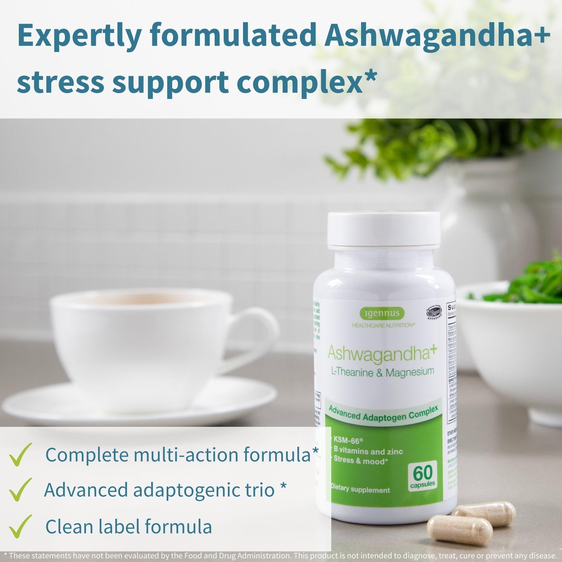 Igennus High Strength Ashwagandha, Magnesium, & L-Theanine Stress Relief Complex, KSM-66 Root Extract Adaptogens, Boosted with Methylfolate, Zinc & Biotin Clean Label, 60 Fast Acting Capsules Igennus Healthcare NutritionAu supplements
