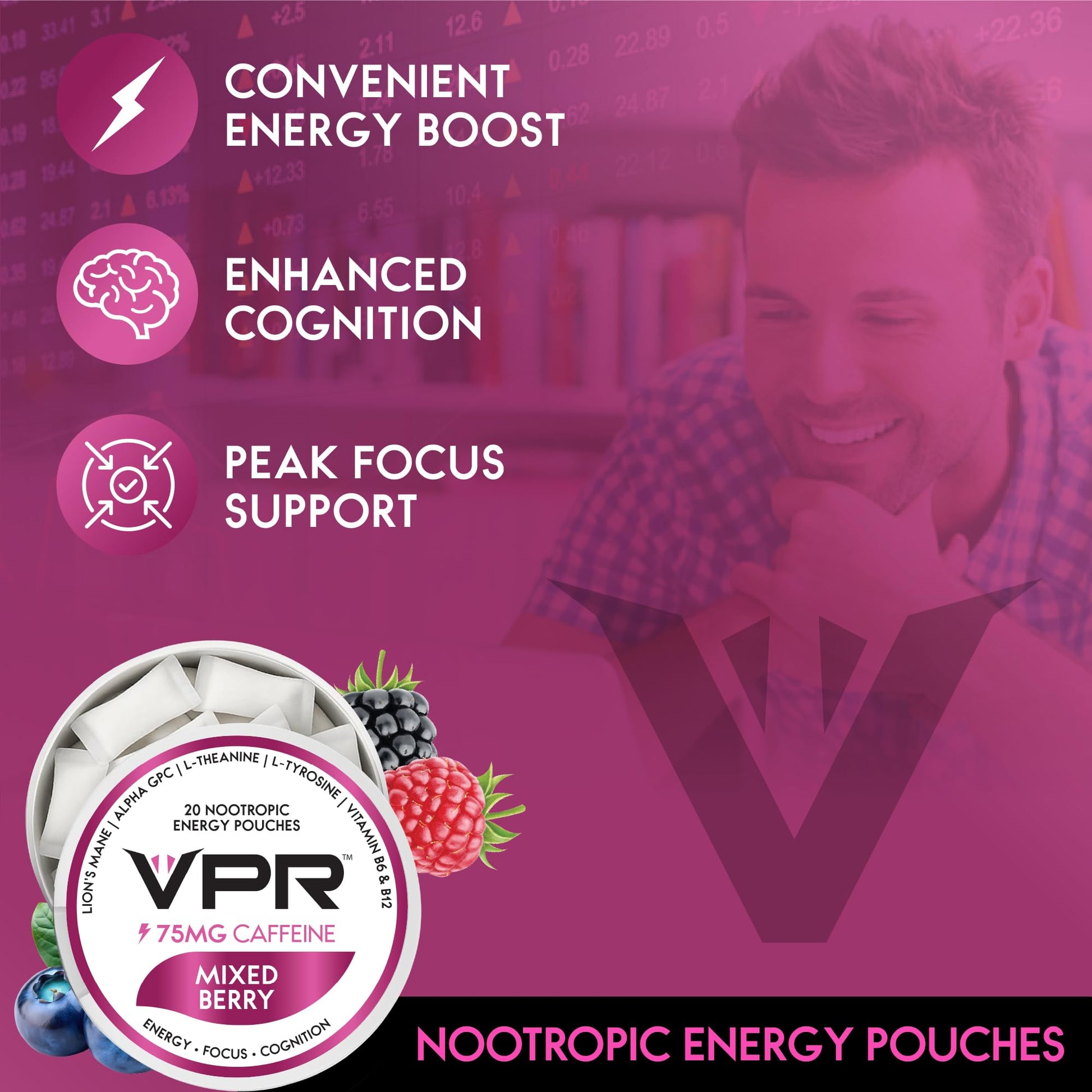 VPR 75MG Caffeine Nootropic Pouches | 20 Count Energy Pouches with Lion's Mane, Alpha-GPC, Vitamin B6 & B12, L-Theanine, and L-Tyrosine | Naturally Flavored Focus Pouches with No Sugar (Variety Pack) VPR EnergyAu supplements