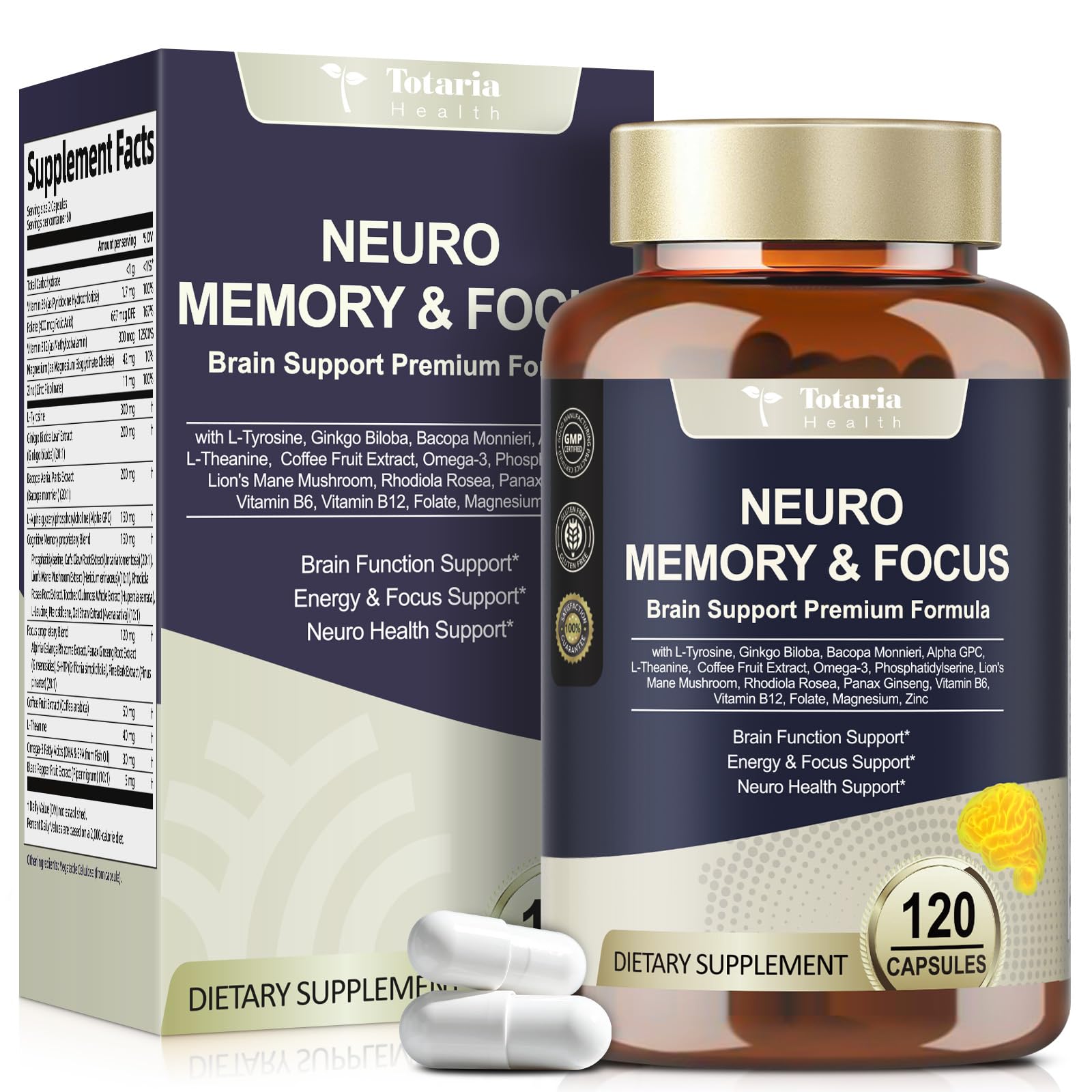 25 in 1 Brain Supplements for Memory and Focus & Neuro Health - Daily Brain Nootropic Cognitive Supplement with L-Tyrosine, Bacopa Monnieri, Ginkgo Biloba, Alpha GPC - Non-GMO, Gluten Free TotariaAu supplements