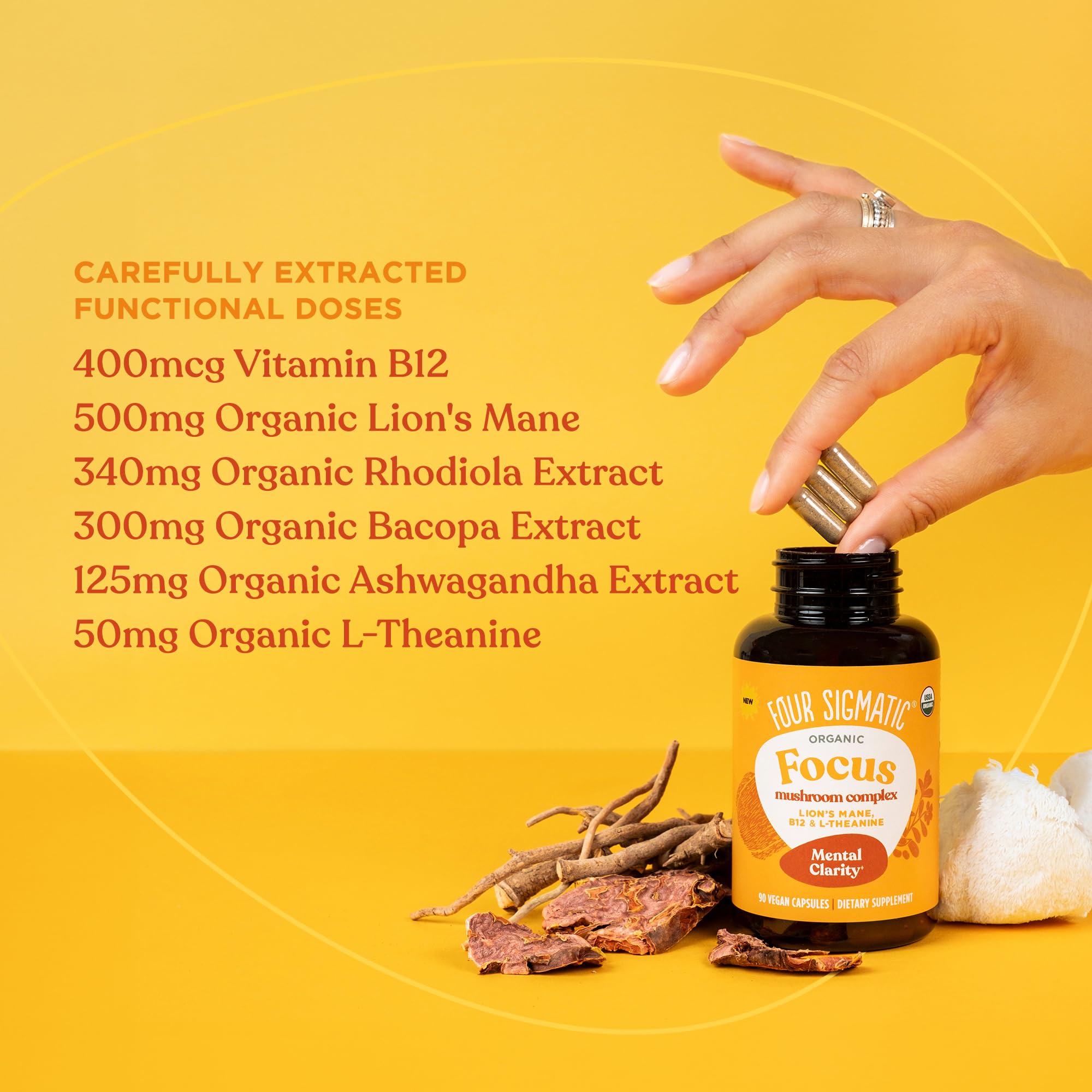 Four Sigmatic Focus Capsules | Lion's Mane Supplement Capsules | Brain Boosting Complex with Ashwagandha, Bacopa Monnieri & Rhodiola | Vegan Nootropic Adaptogen & Mushroom Supplement | 30 Servings Four SigmaticAu supplements