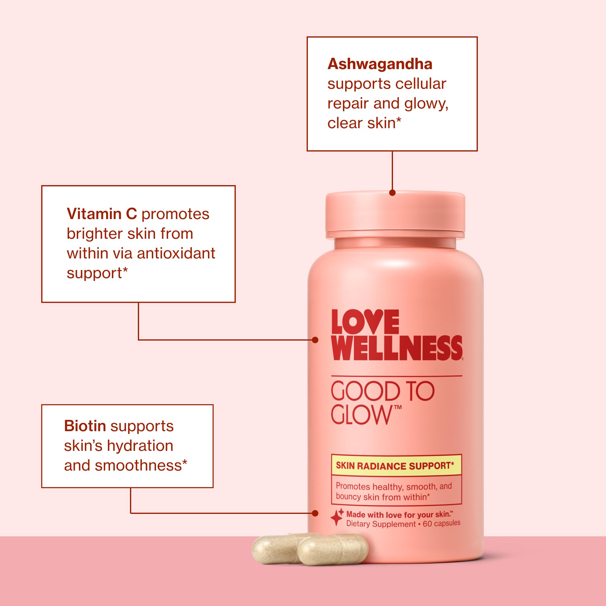 Love Wellness Good to Glow | Collagen Supplement with Biotin, Vitamin C, E, Ashwagandha & Zinc | Promotes Smooth, Glowing & Clear Skin | Enhances Smoothness & Promotes Healthy Skin | 60 Count Love WellnessUS supplements