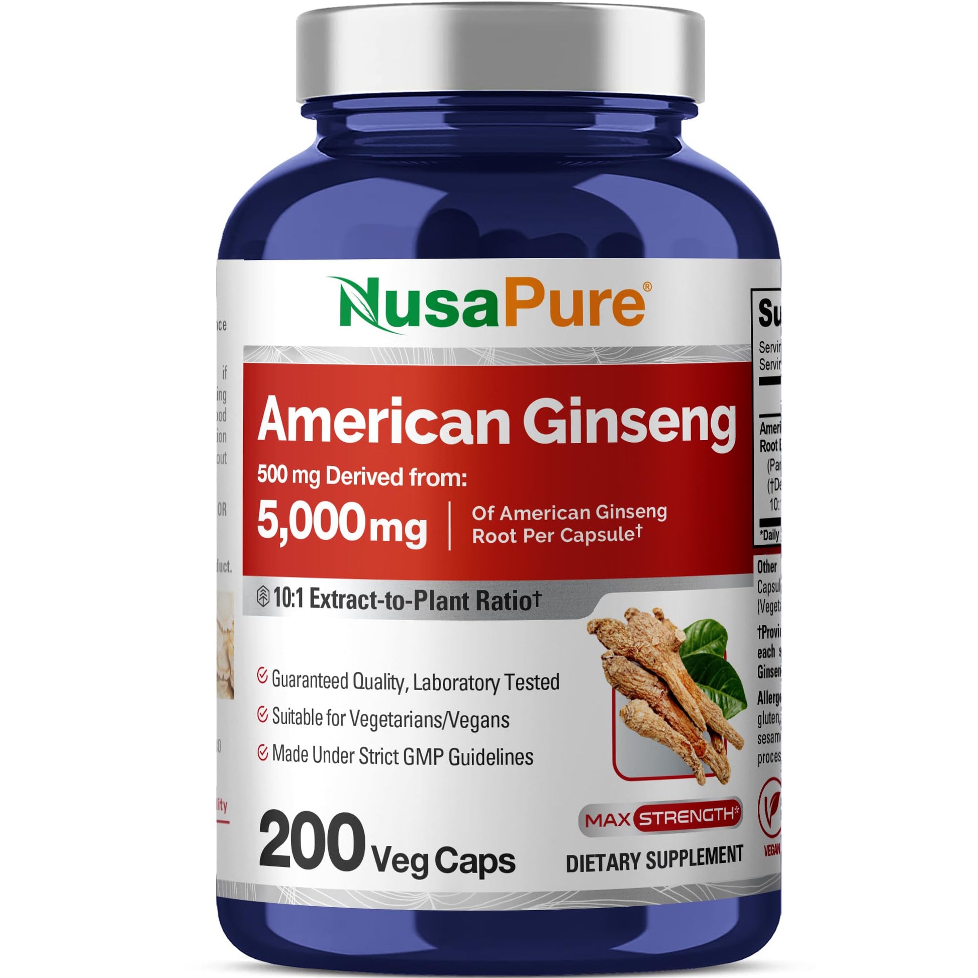 NusaPure American Ginseng 10:1 Extract, 500 mg Equivalent to 5000mg - 200 Veggie Capsules (Vegetarian, Non-GMO, Vegan) NusaPureAu supplements