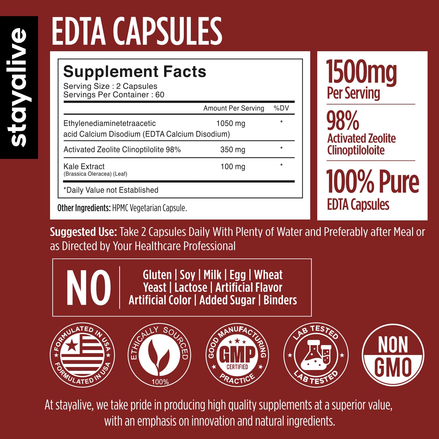 STAY ALIVE EDTA Capsules 1500mg with Zeolite 98% and Kale Extract Powder, 120 Pills, Non-GMO & Gluten Free Calcium Disodium EDTA Supplement STAY ALIVEAu supplements