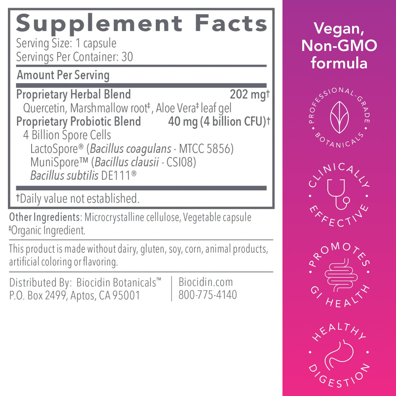 Biocidin Proflora 4R Spore Probiotic - Digestive Health Probiotics for Women & Men - Clinically Researched Bacillus Strains & Organic Aloe, Marshmallow Root for Gut Support (30 Vegan Capsules) Bio-Botanical ResearchUS supplements