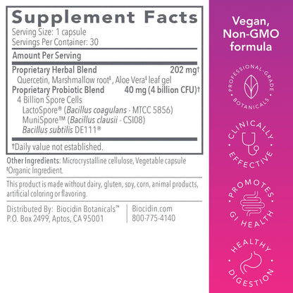 Biocidin Proflora 4R Spore Probiotic - Digestive Health Probiotics for Women & Men - Clinically Researched Bacillus Strains & Organic Aloe, Marshmallow Root for Gut Support (30 Vegan Capsules) Bio-Botanical ResearchUS supplements