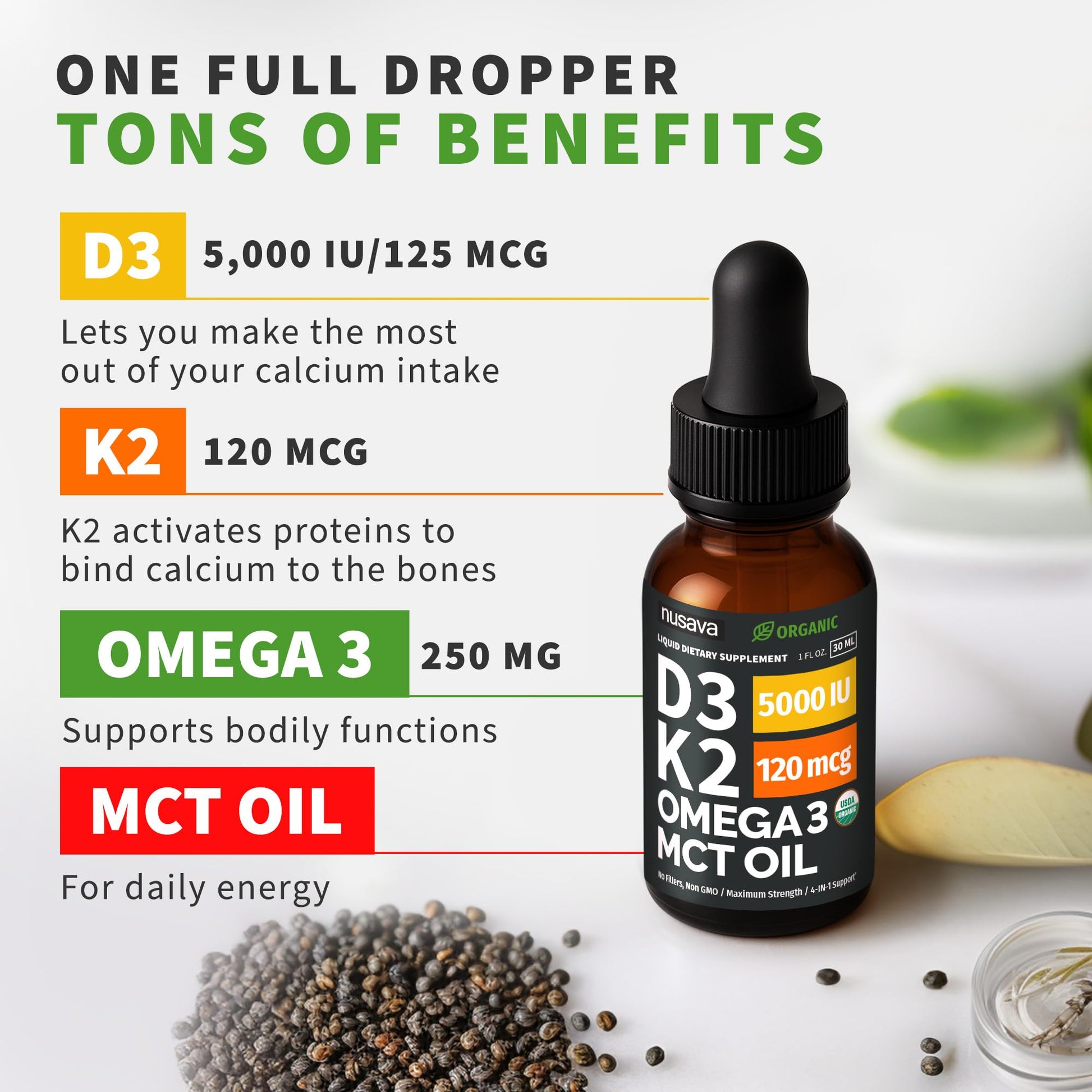 (2 Pack) Organic Vitamin D3 K2 Drops with MCT Oil Omega 3, 5000 IU, Maximum Strength Vitamin D Liquid, No Fillers, Non-GMO Liquid D3 for Faster Absorption and Immune Support (Unflavored, 2 Fl Oz) NUSAVAAu supplements
