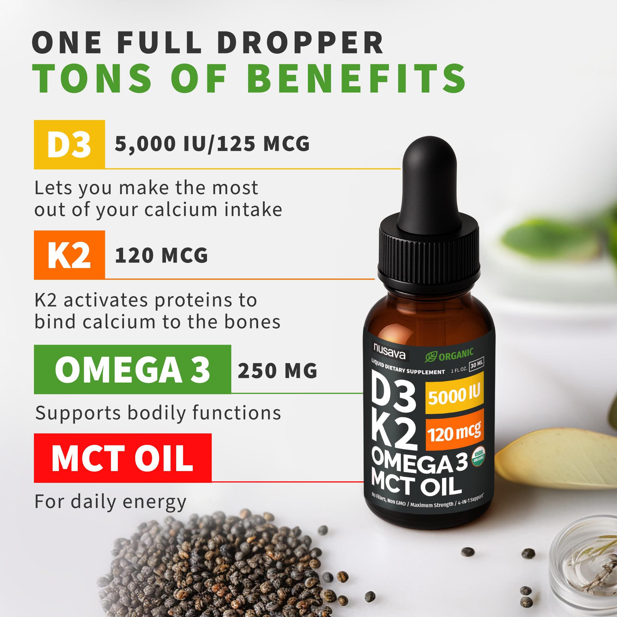 (2 Pack) Organic Vitamin D3 K2 Drops with MCT Oil Omega 3, 5000 IU, Maximum Strength Vitamin D Liquid, No Fillers, Non-GMO Liquid D3 for Faster Absorption and Immune Support (Unflavored, 2 Fl Oz) NUSAVAAu supplements