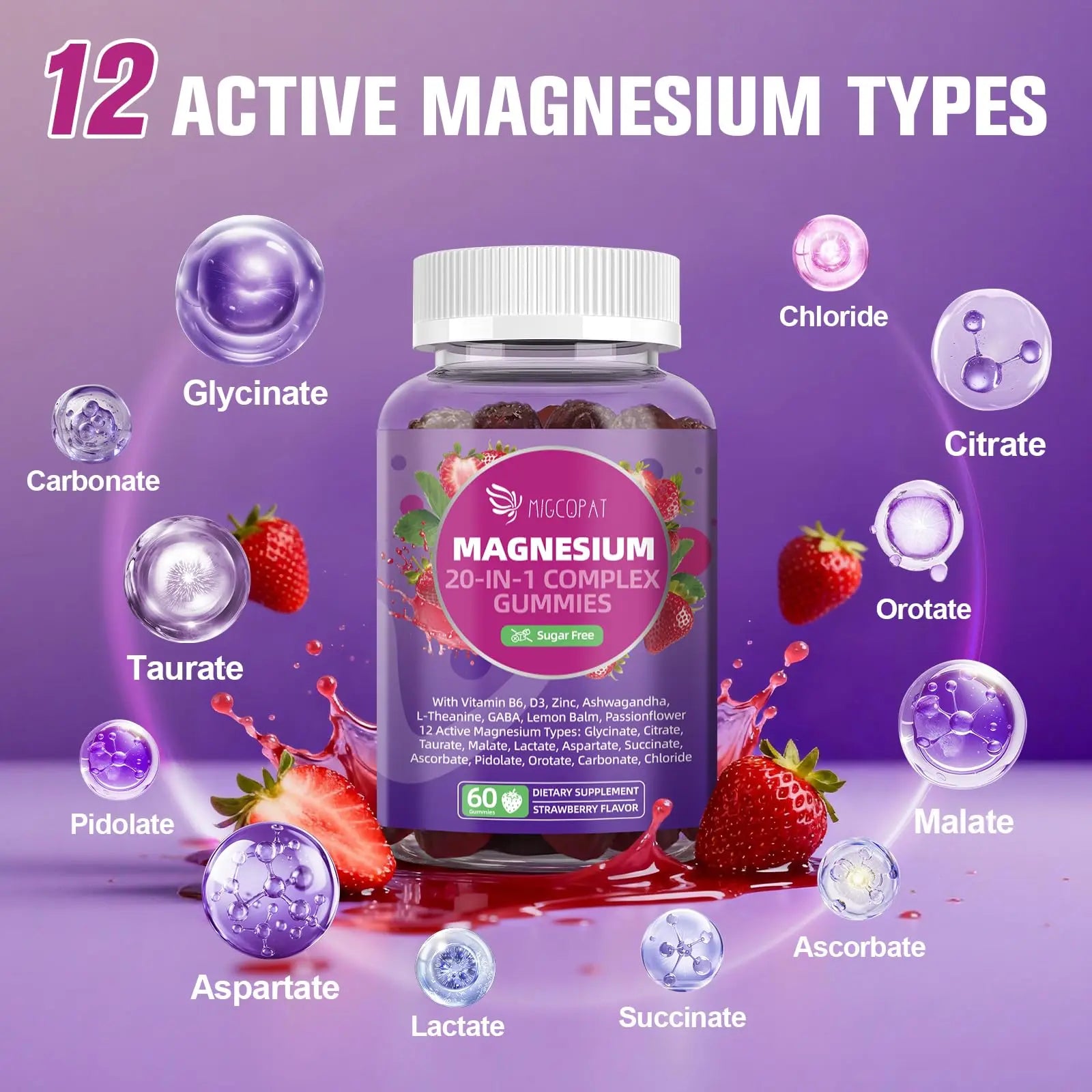 Migcopat Magnesium Complex Gummies, 20 in 1 Magnesium Gummy with Glycinate Citrate Malate Taurate - Ashwagandha, L-Theanine, D3&Zinc for Relaxation, Sleep, Muscle&Heart Support, Strawberry, 60 Cts Migcopatnz supplements
