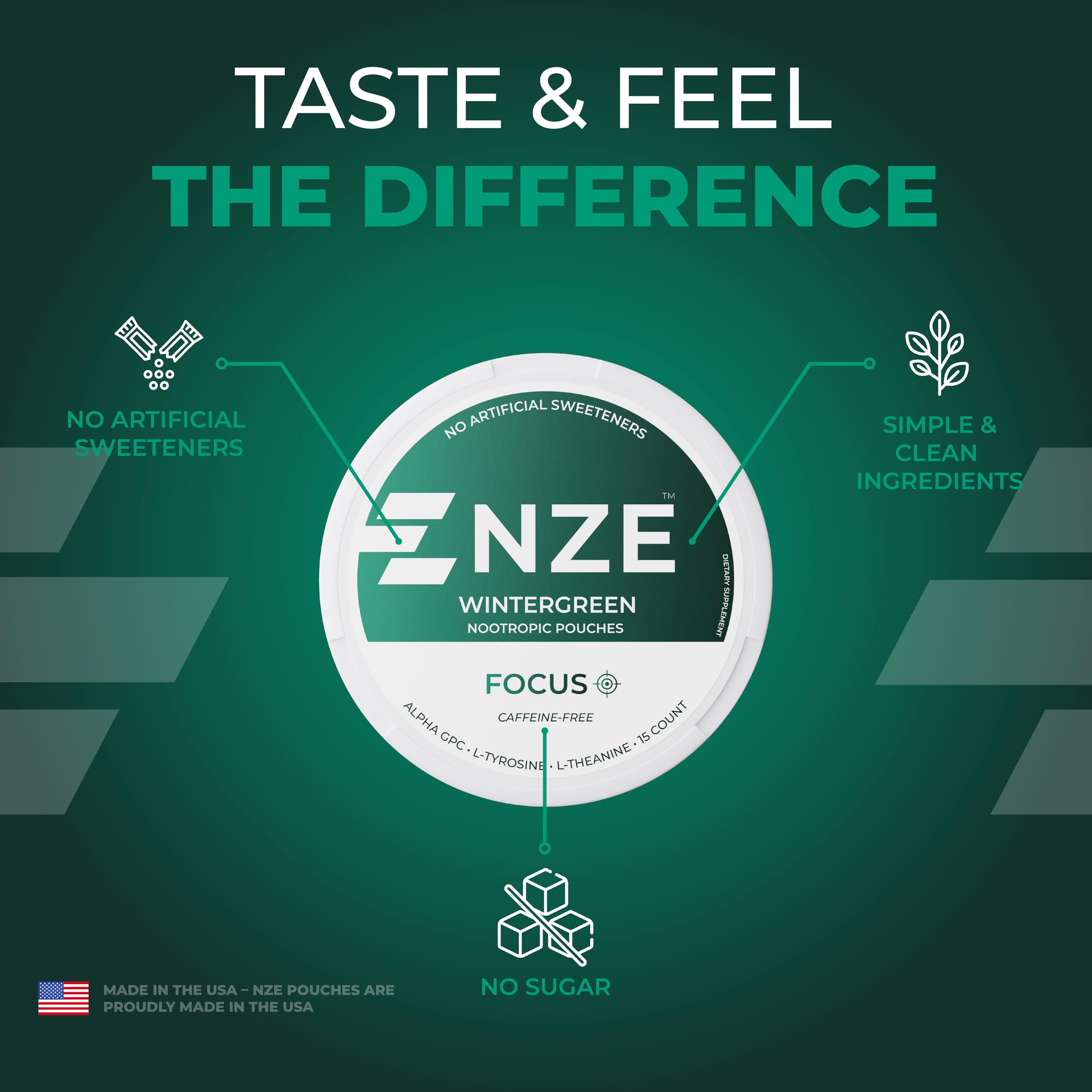 NZE Caffeine Free Nootropic Pouches (Wintergreen) - Nootropic Pouches with Alpha GPC, L-Tyrosine & L-Theanine - No Sugar or Artificial Sweeteners - 15 Pouches Per Can - 5 Pack NZEAu supplements