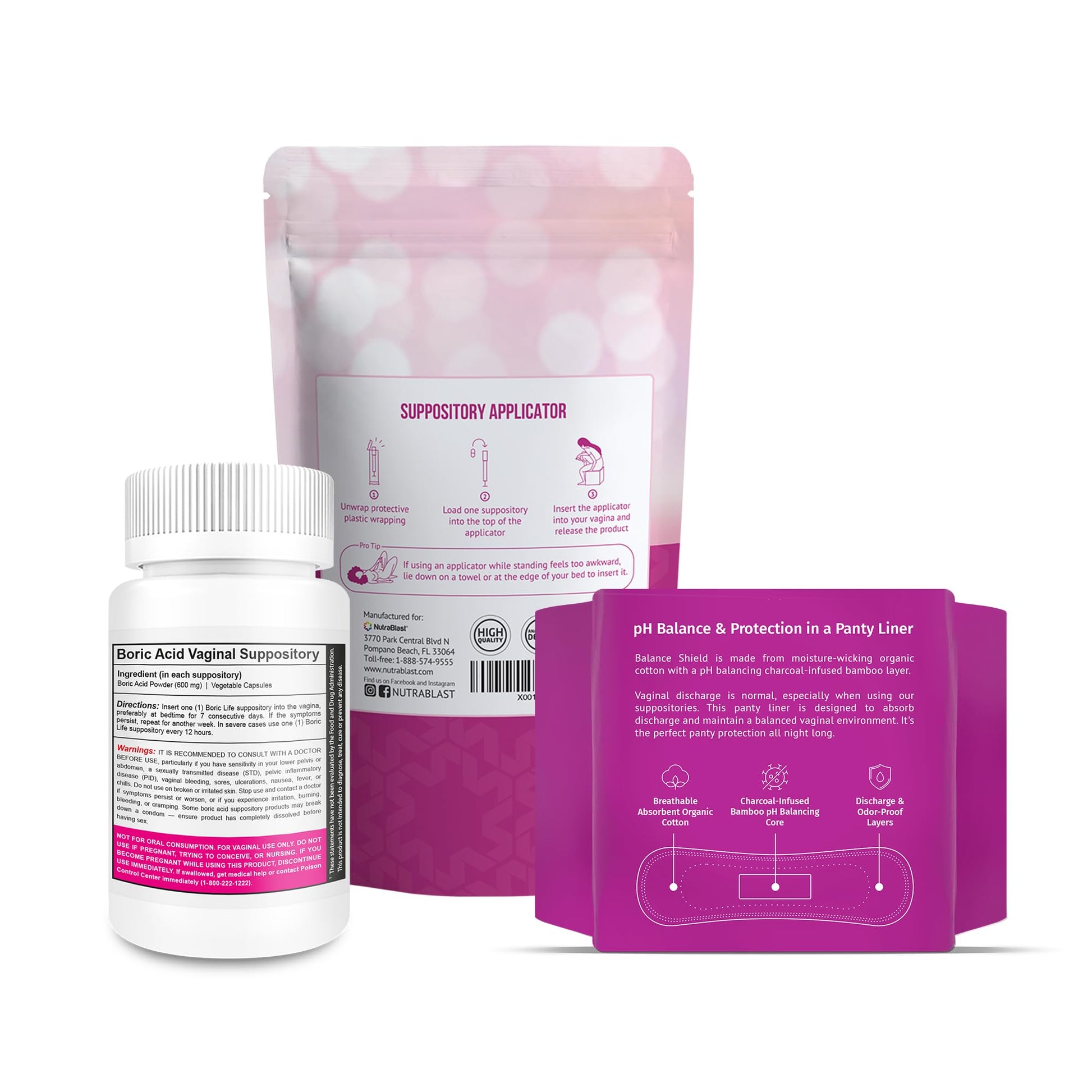 NutraBlast Boric Acid Suppositories 600mg (30 Count) Bundle with Disposable Applicators (15-Pack) and Balance Shield Panty Liners (180mm, 20-Pack) NutraBlastUS supplements