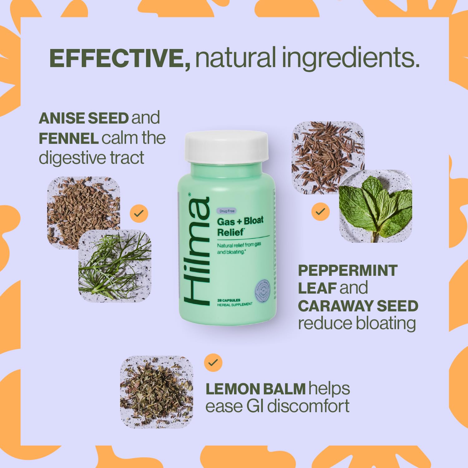 Hilma Natural Gas and Bloating Relief for Women, Doctor Formulated with Organic Ingredients, Lemon Balm, Fennel and Peppermint Leaf, 50 Vegan Capsules HilmaAu supplements