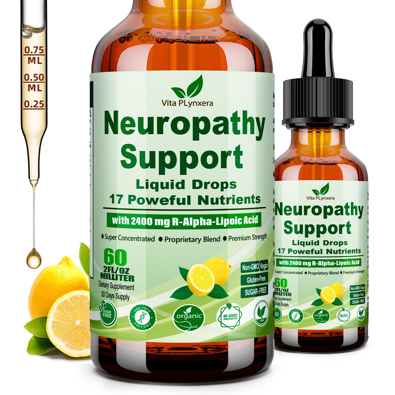 Neuropathy Supplements Liquid Drops, Advance 17-in-1 Stabilized R-Alpha Lipoic Acid (R-ALA) w. Acetyl L-Carnitine Vitamin B-Complex Magnesium, High Potency R-Lipoic Acid for Nerve Antioxidant Energy Vita PLynxeraAu supplements