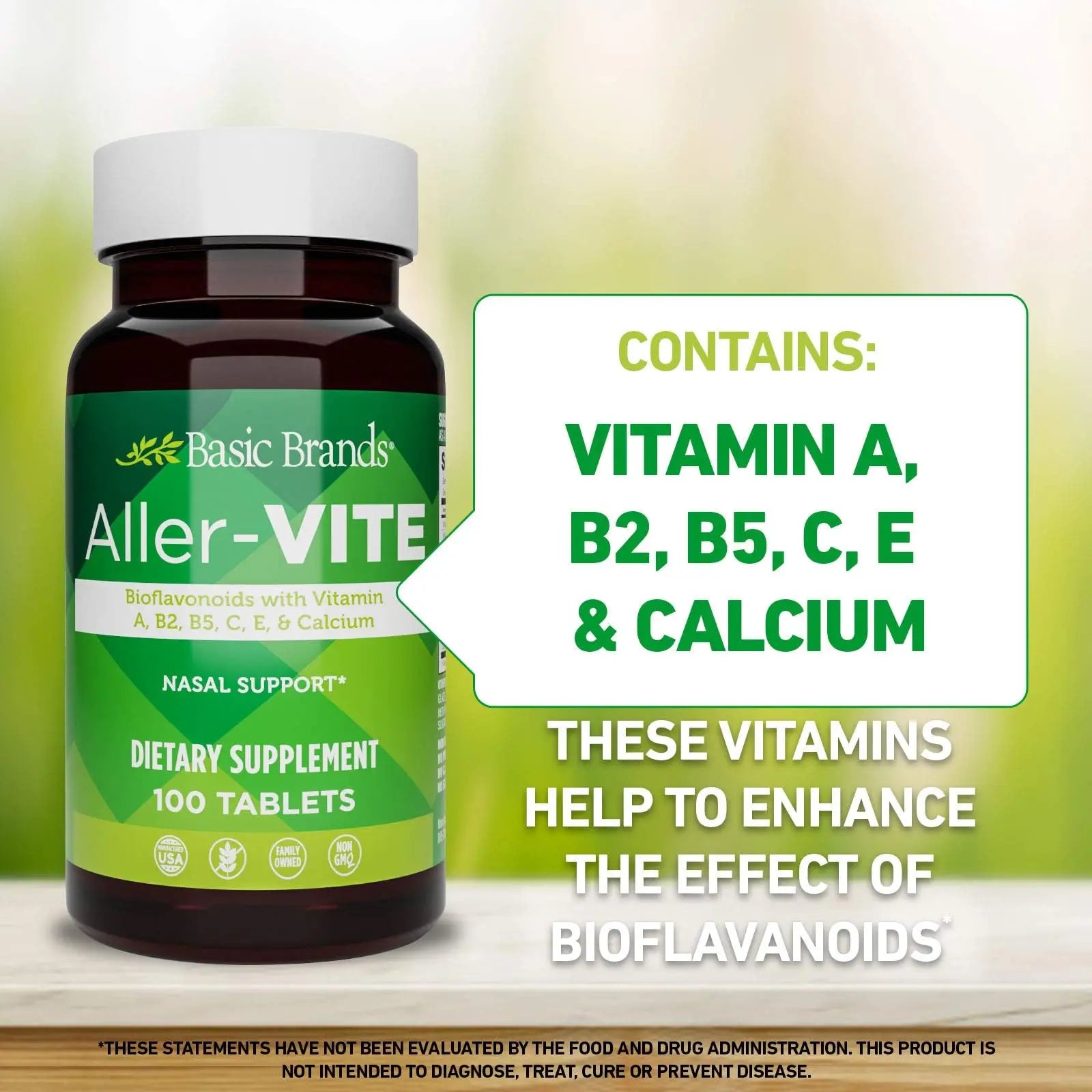 Basic Brands Aller Vite Nasal Support Tablets for Seasonal Allergy Relief, High Bioflavonoid Complex with Vitamins and Calcium, Gluten Free Daily Supplement, 100 Tablets Basic Brandsnz supplements