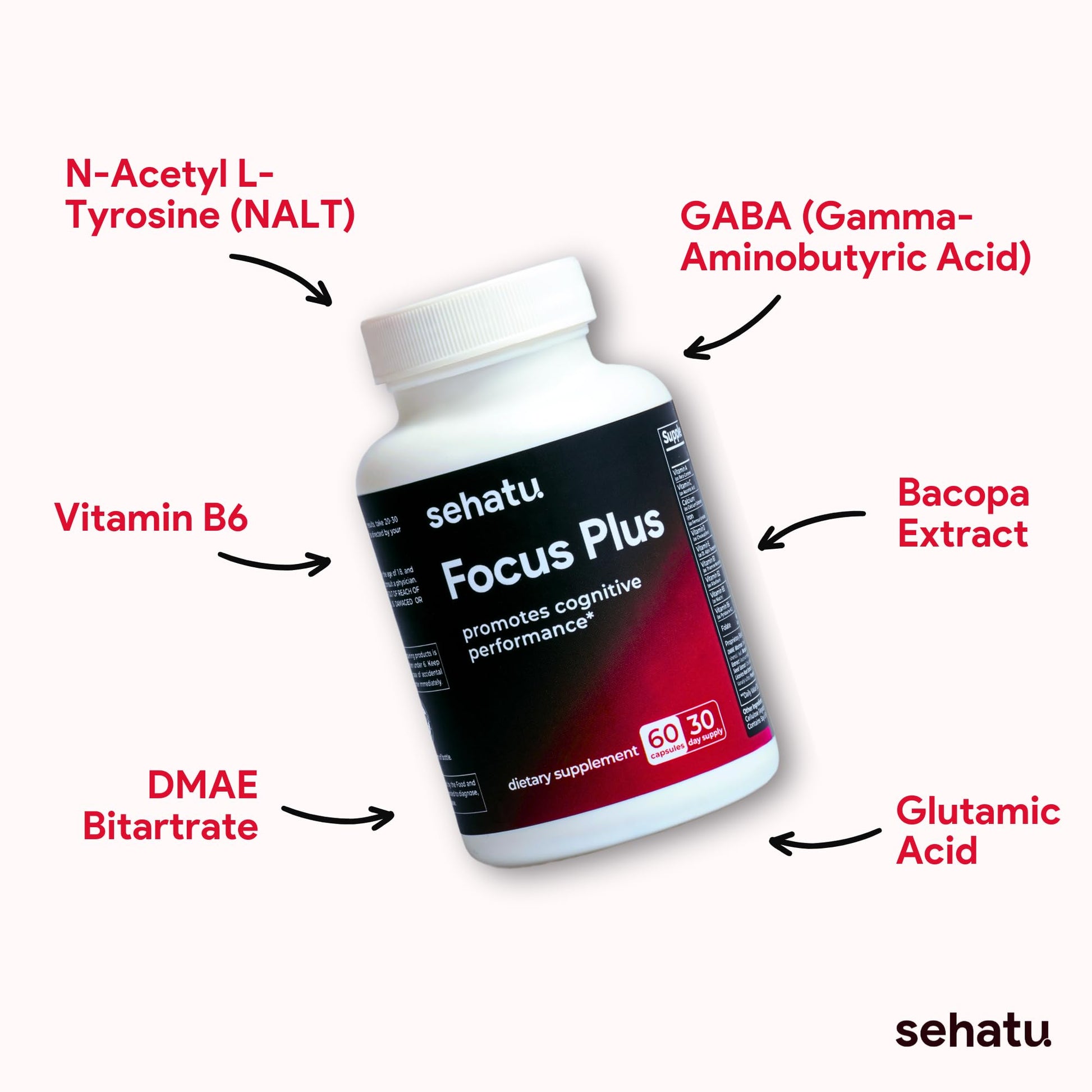 SEHATU Focus Plus Cognitive Performance Enhancer | with N-Acetyl L-Tyrosine, DMAE Bitartrate, GABA, Glutamic Acid | Boosts Focus, Enhances Memory, Supports Brain Health | 60 Count | 30 Day Supply SEHATUAu supplements