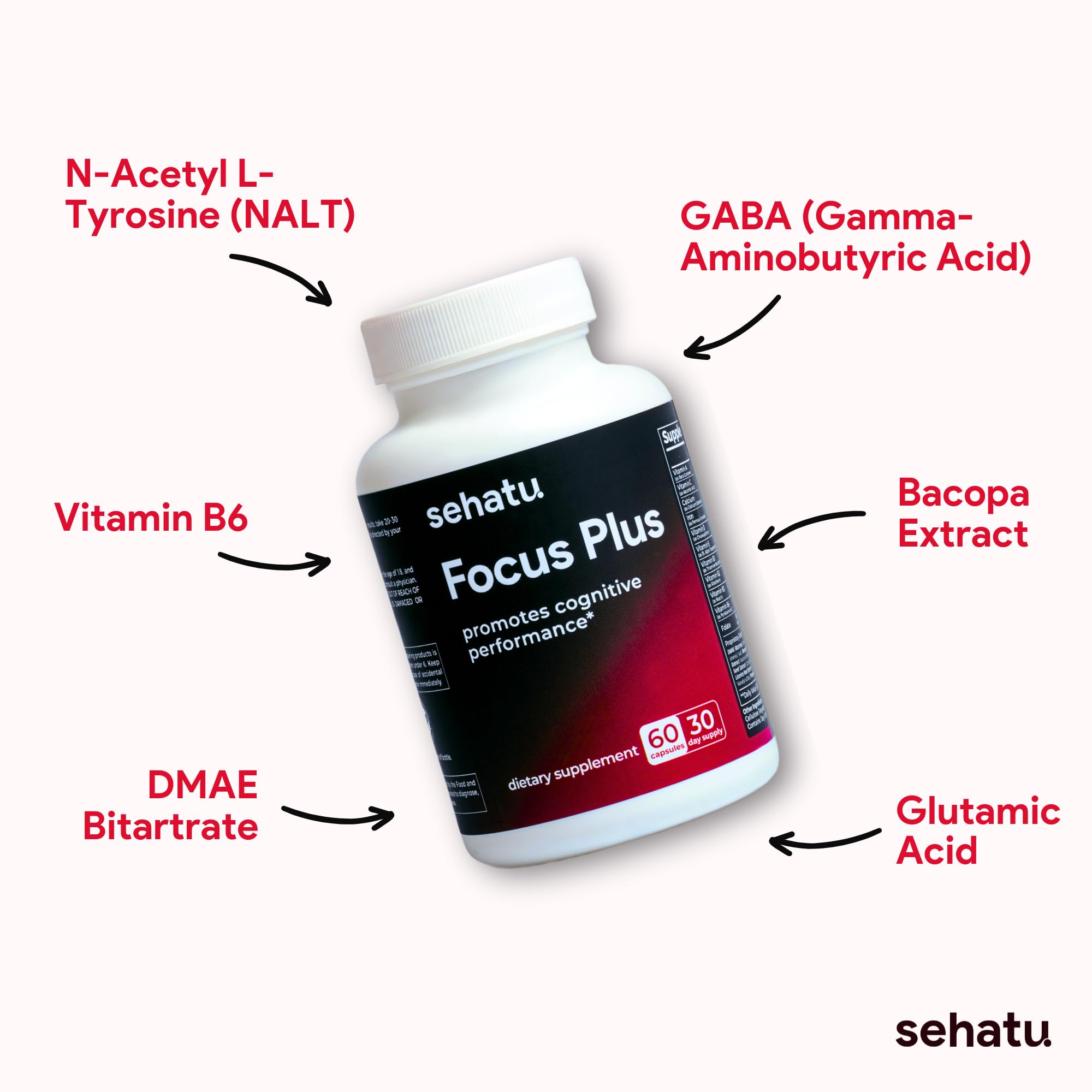 SEHATU Focus Plus Cognitive Performance Enhancer | with N-Acetyl L-Tyrosine, DMAE Bitartrate, GABA, Glutamic Acid | Boosts Focus, Enhances Memory, Supports Brain Health | 60 Count | 30 Day Supply SEHATUAu supplements