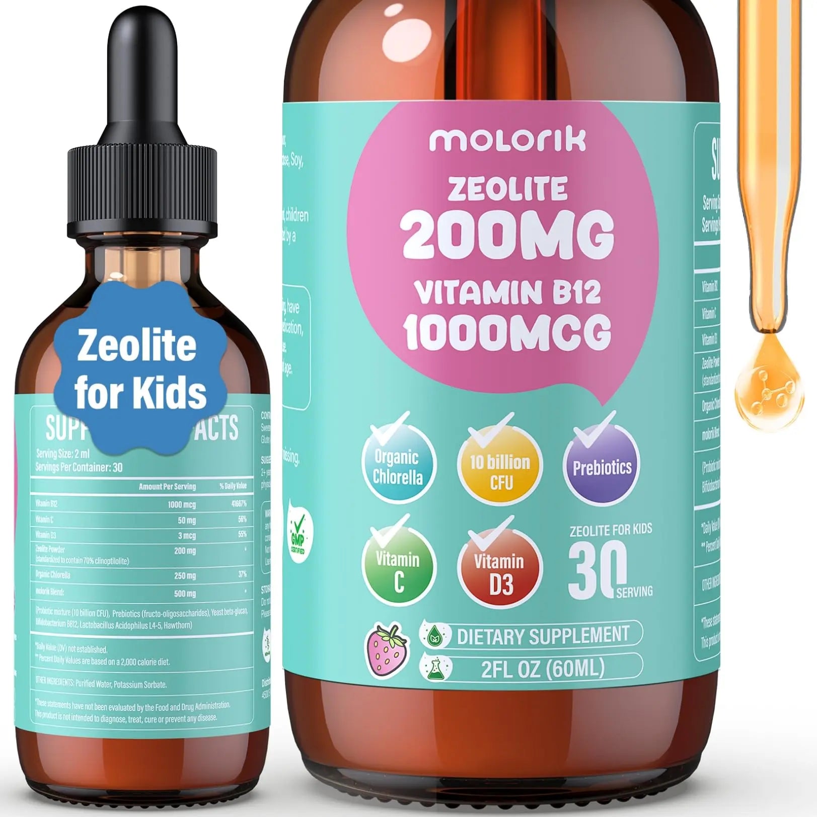 Zeolite Detox for Kids and Adults, 200mg Zeolite Liquid Drops with 1000mcg Vitamin B12, Organic Chlorella, 10 billion CFU & Prebiotics for Gut Support & Speech, Immune, Bone, Energy*, Strawberry, 60ML molorik pureAu supplements