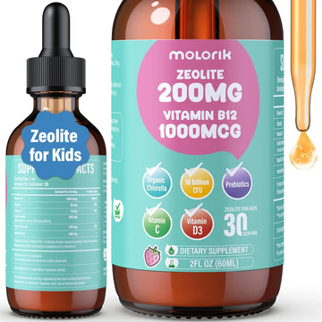 Zeolite Detox for Kids and Adults, 200mg Zeolite Liquid Drops with 1000mcg Vitamin B12, Organic Chlorella, 10 billion CFU & Prebiotics for Gut Support & Speech, Immune, Bone, Energy*, Strawberry, 60ML molorik pureAu supplements