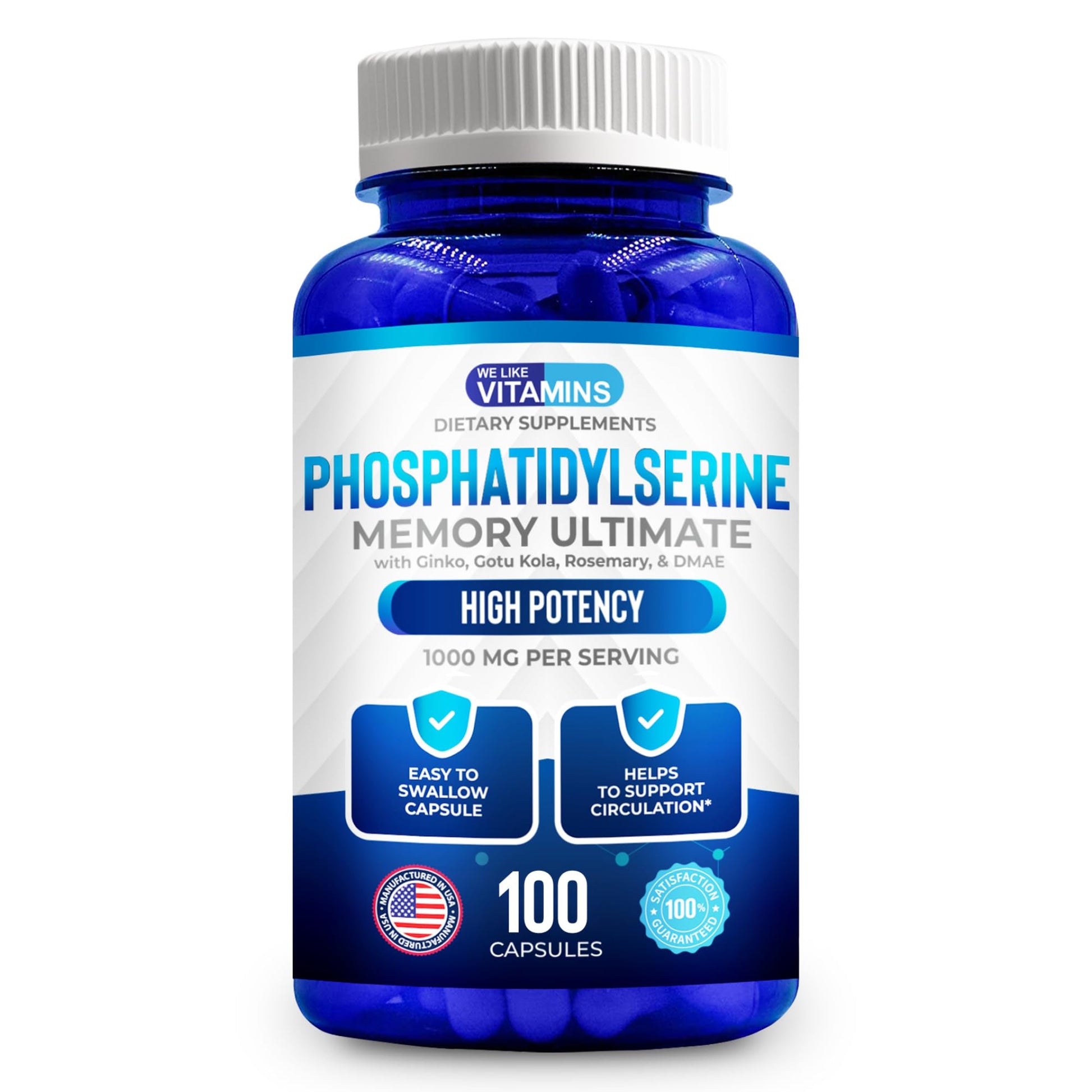 We Like Vitamins Phosphatidylserine Supplement with Gingko Biloba, Gotu Kola, DMAE - Improves Focus, Memory, Cognitive Function - Soy-Free 1000mg Memory Ultimate Complex - 100 Easy-to-Swallow Capsules We Like VitaminsAu supplements