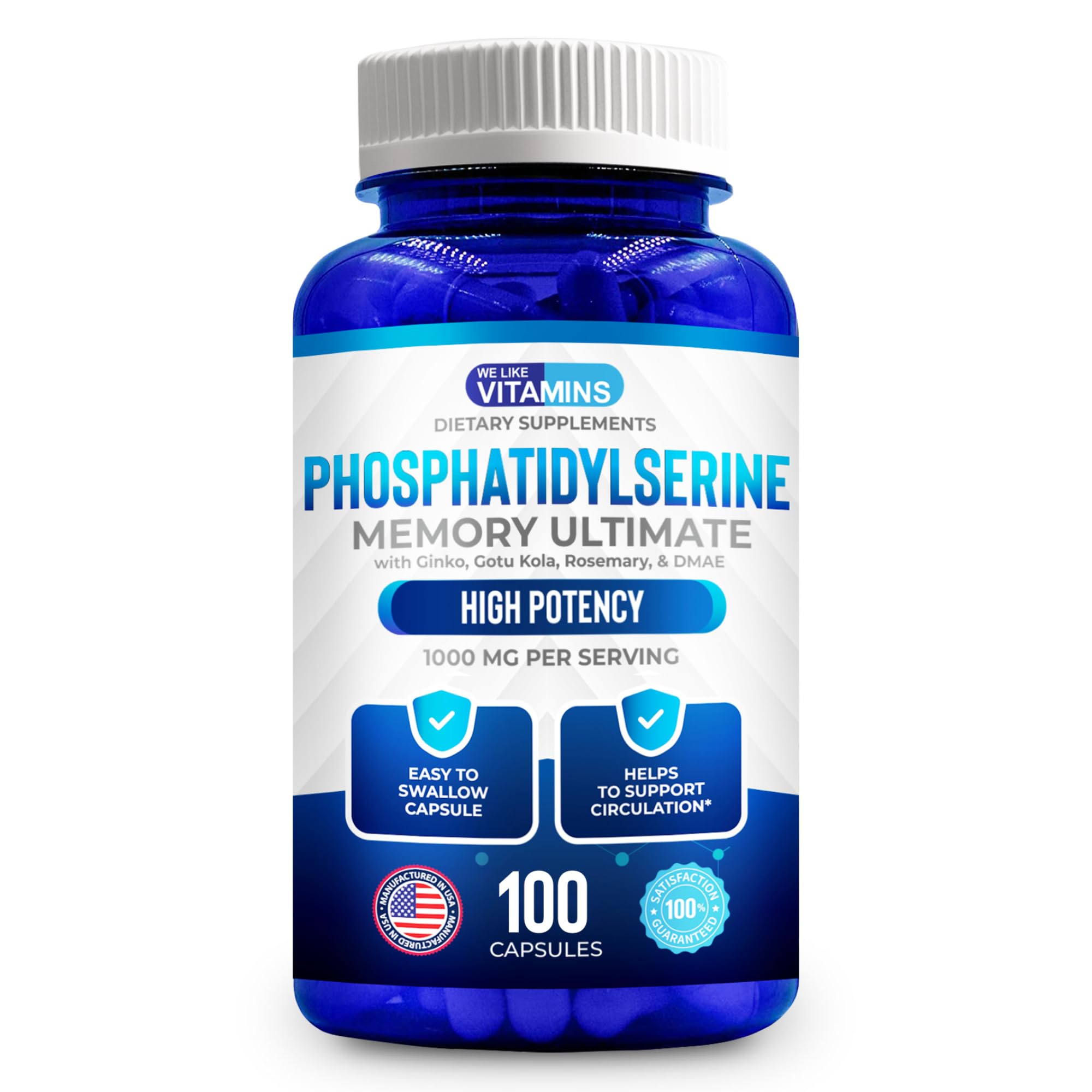 We Like Vitamins Phosphatidylserine Supplement with Gingko Biloba, Gotu Kola, DMAE - Improves Focus, Memory, Cognitive Function - Soy-Free 1000mg Memory Ultimate Complex - 100 Easy-to-Swallow Capsules We Like VitaminsAu supplements