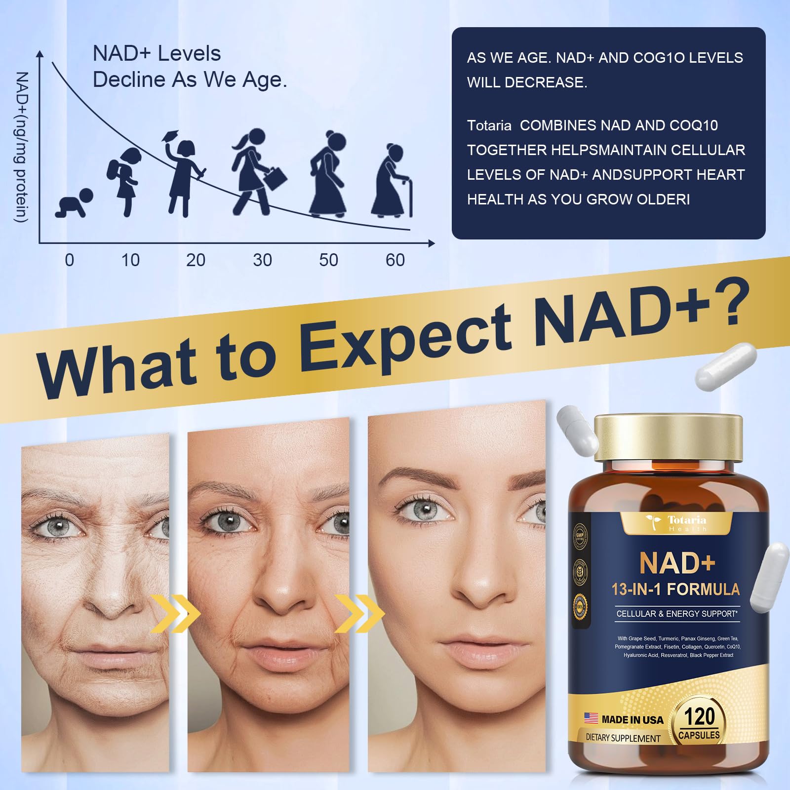 Totaria NAD Supplement for Women Men with nicotinamide riboside resveratrol,Quercetin, Betaine Boost NAD+ Levels NAD Plus Supplement for Anti Aging, Energy, Immune, Focus 120 Capsules TotariaAu supplements