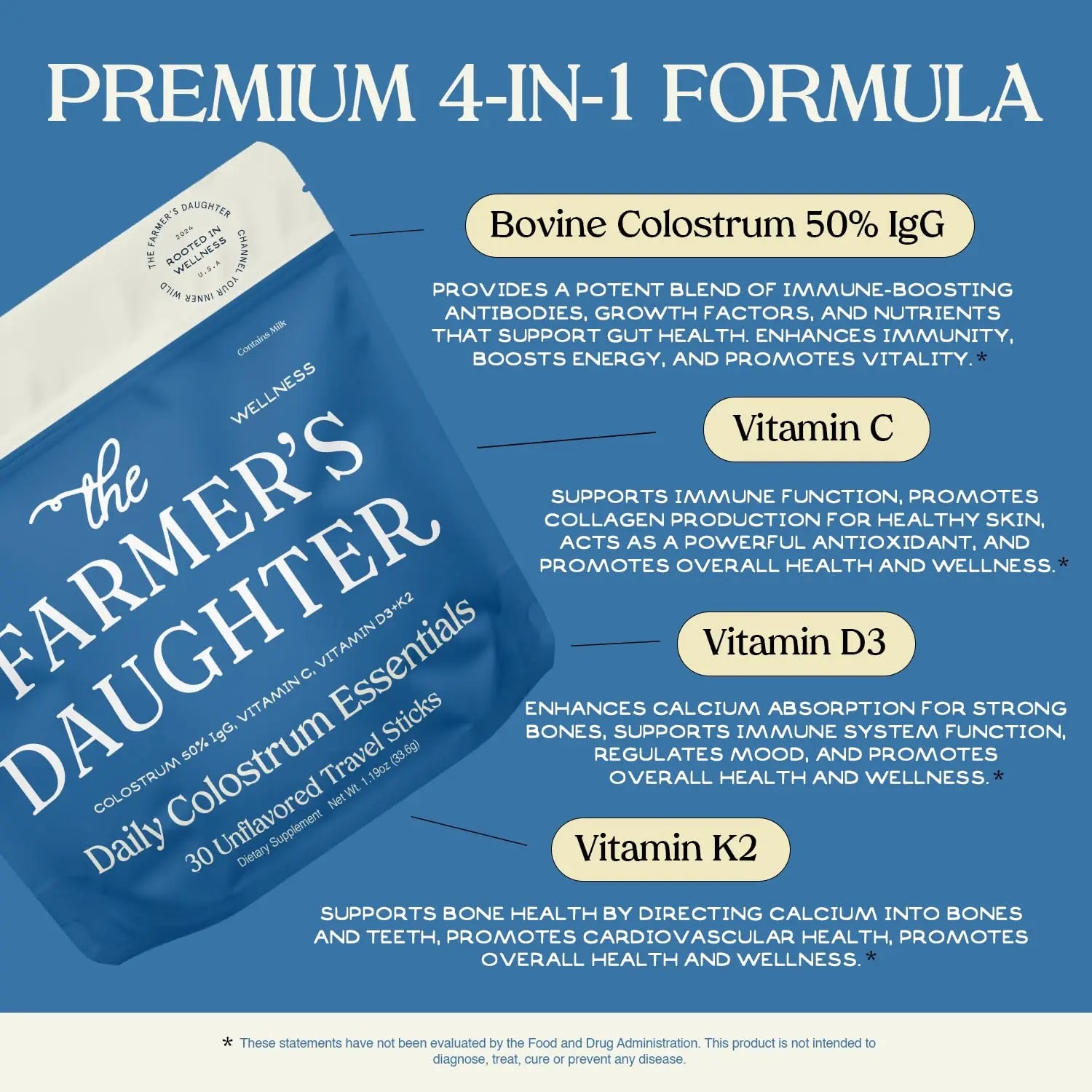 THE FARMER'S DAUGHTER Colostrum Powder | Unflavored | Gut Health & Bloating | Hair, Skin & Nails | Immunity Supplement | 30 Individual Travel Stick Packs THE FARMER'S DAUGHTERnz supplements