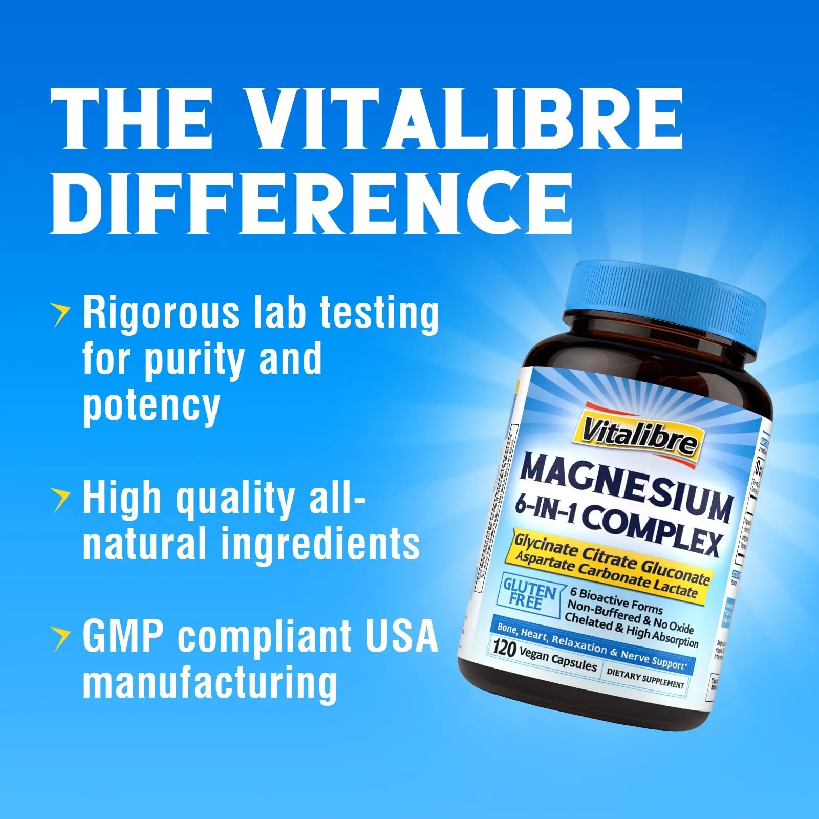 Vitalibre 6 in 1 Magnesium Complex for Women Men, 260mg Elemental Magnesium | Max Absorption | Chelated Magnesium Supplement for Bone, Relaxation & Nerves Support | Non-GMO, 120 Vegan Capsules Vitalibrenz supplements