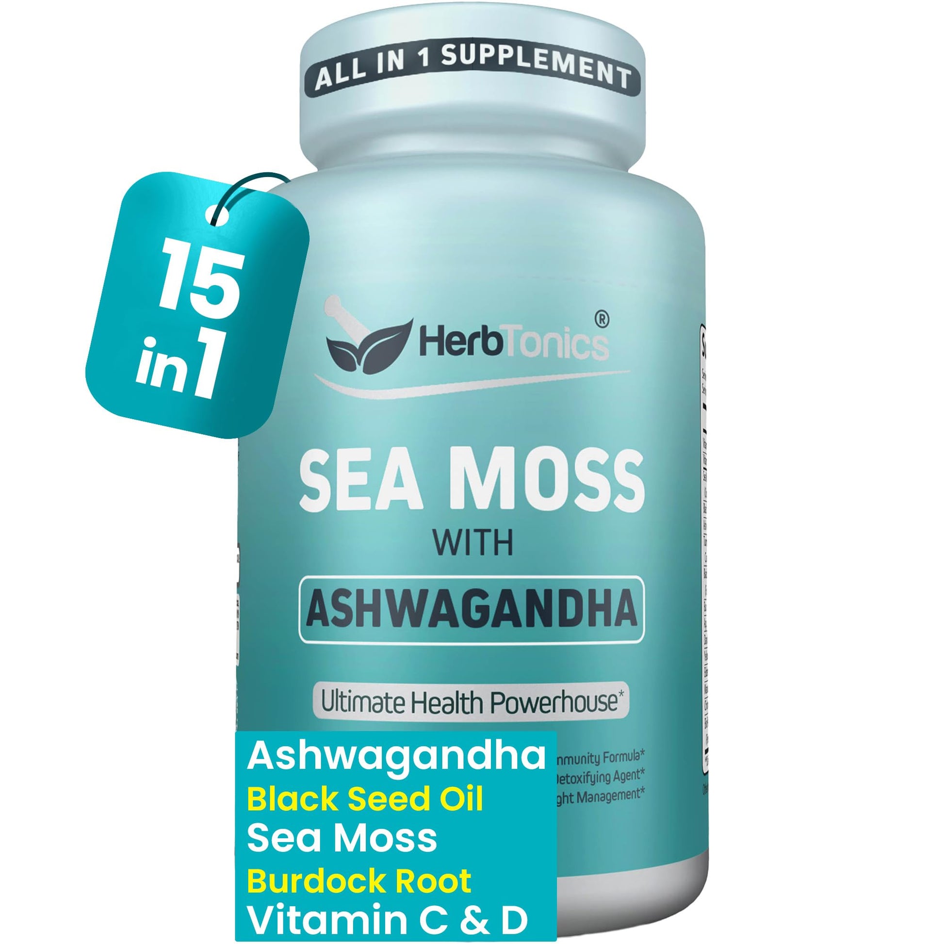 Herbtonics Sea Moss, Black Cumin Seed, Ashwagandha, Burdock Root & ACV Complex | Manage Immunity, Stress & Digestion Support | 60 Capsules (2 Capsules Per Serving) HerbtonicsAu supplements