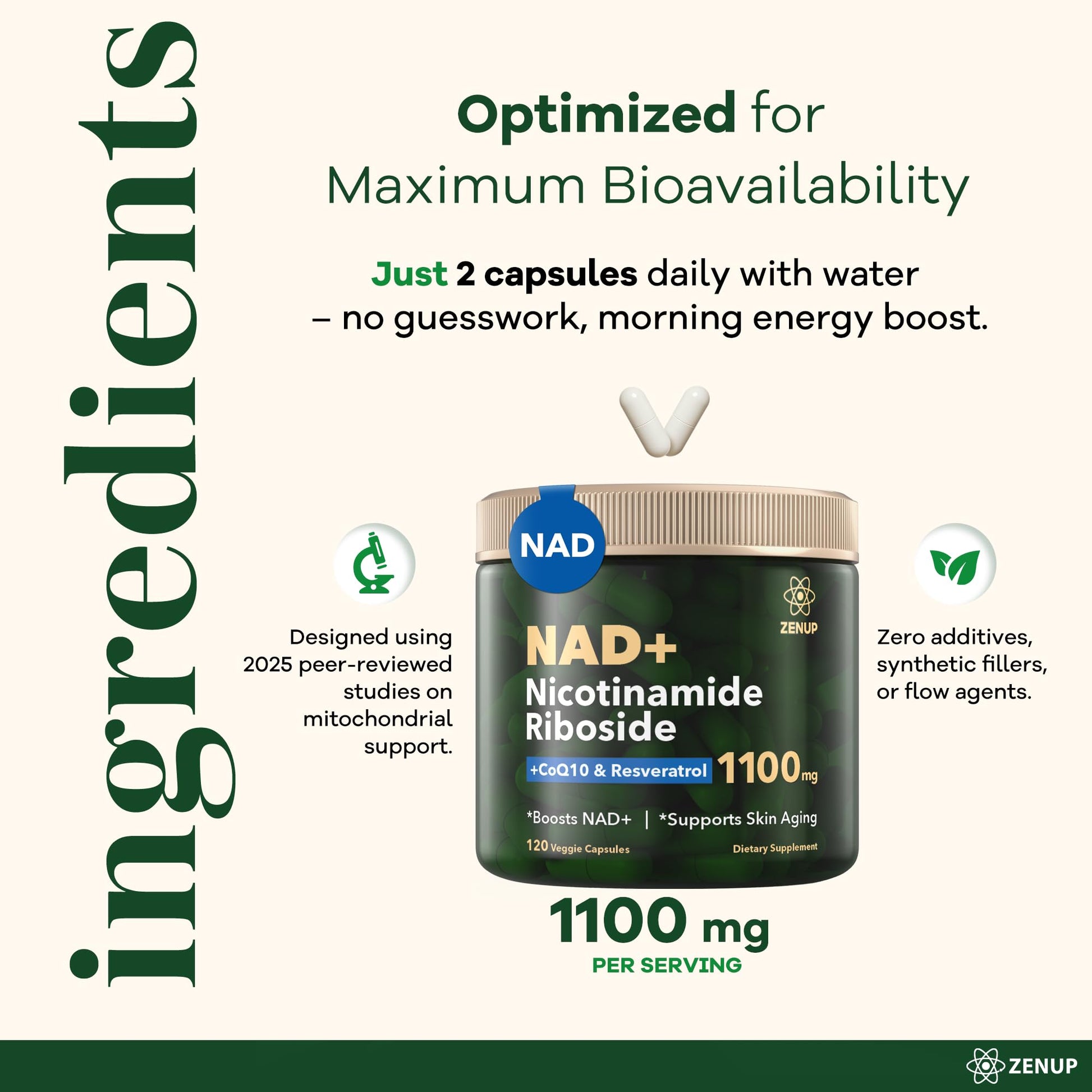 ZenUP NAD+ Supplement | 1100mg Liposomal Nicotinamide Riboside with Resveratrol & Quercetin | Anti-Aging, Cellular Energy, Mental Focus | 120 Caps ZenUPAu supplements