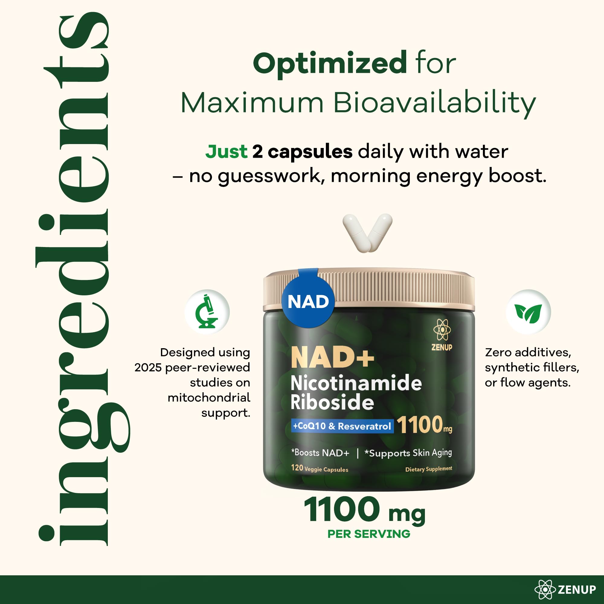 ZenUP NAD+ Supplement | 1100mg Liposomal Nicotinamide Riboside with Resveratrol & Quercetin | Anti-Aging, Cellular Energy, Mental Focus | 120 Caps ZenUPAu supplements
