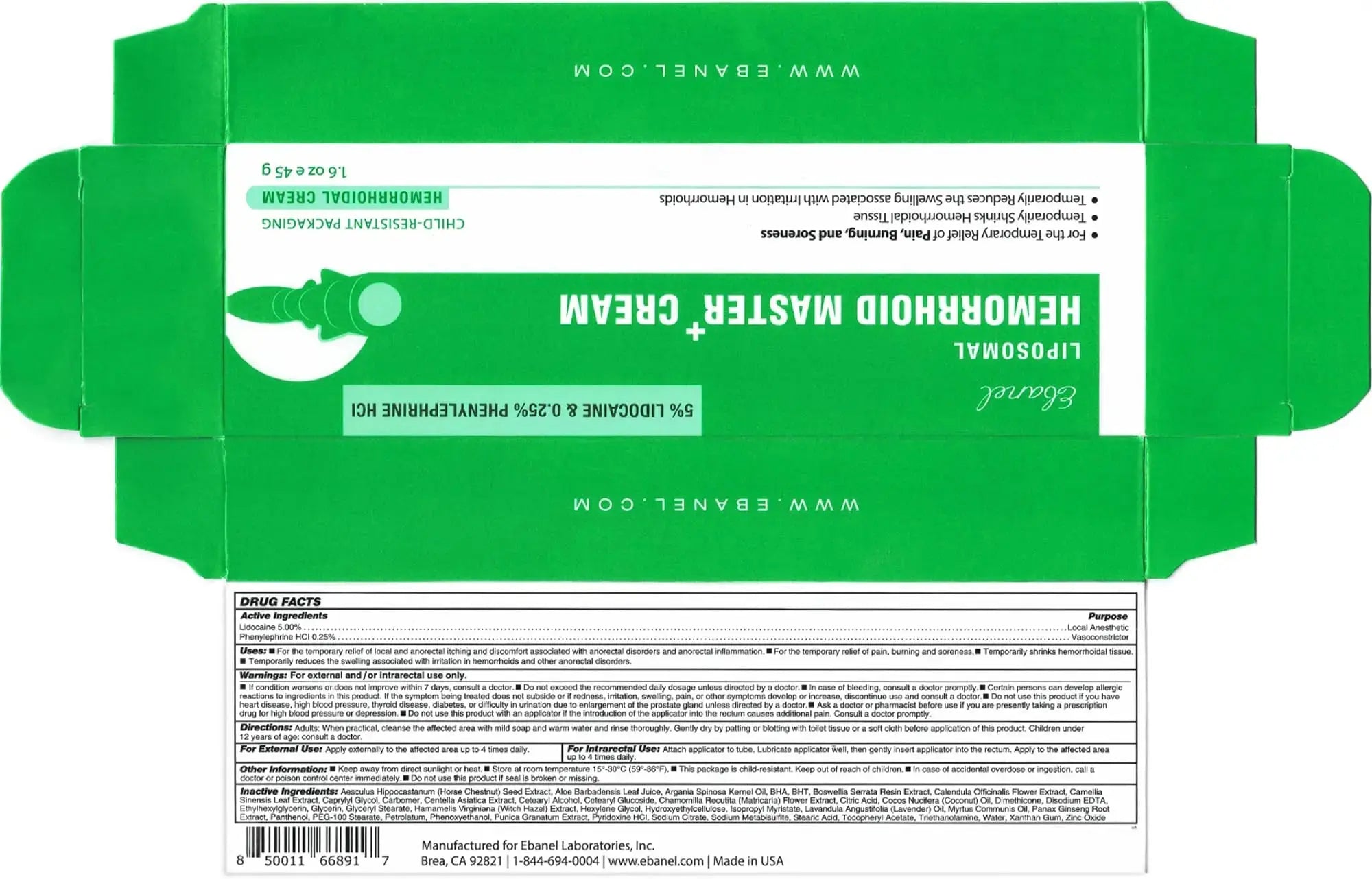Ebanel 5% Lidocaine Hemorrhoid Treatment Cream with Witch Hazel, Phenylephrine, Horse Chestnut, Vitamin B6, Zinc Oxide, External and Internal Hemorrhoids Treatment Burn Itch Pain Relief Anal Cream EbanelAu supplements