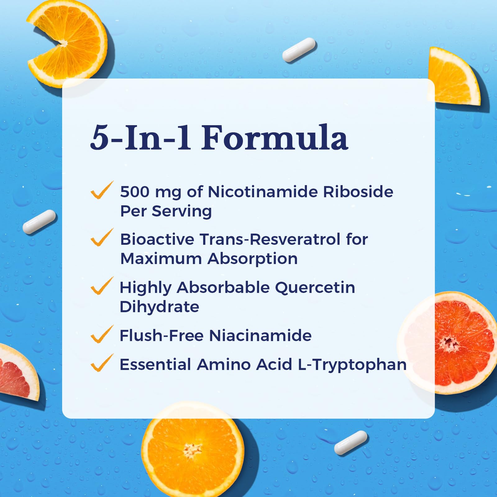 Vitalitown 5 in 1 NAD+, NMN Supplement Alternatives, Nicotinamide Riboside (NR), Trans-Resveratrol, Quercetin, Niacinamide, L-Tryptophan, for Cellular Energy, Heart, Skin, 60 Veggie Capsules VitalitownAu supplements