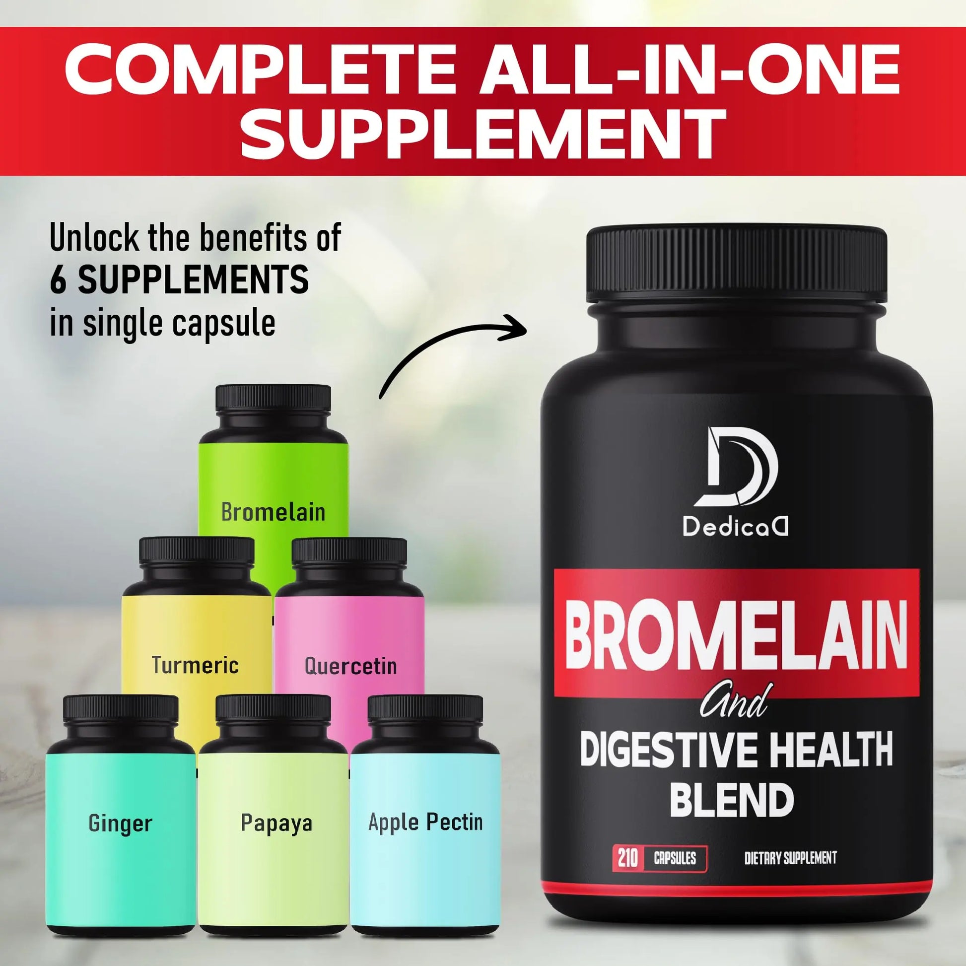 DEDICAD 6in1 Bromelain 500mg Supplement - 1000mg per Serving - 210 Capsules with Digestive Health Blend as Quercetin, Ginger, Turmeric, Papaya - Support Overall Health, Digestion & Immune System DEDICADnz supplements