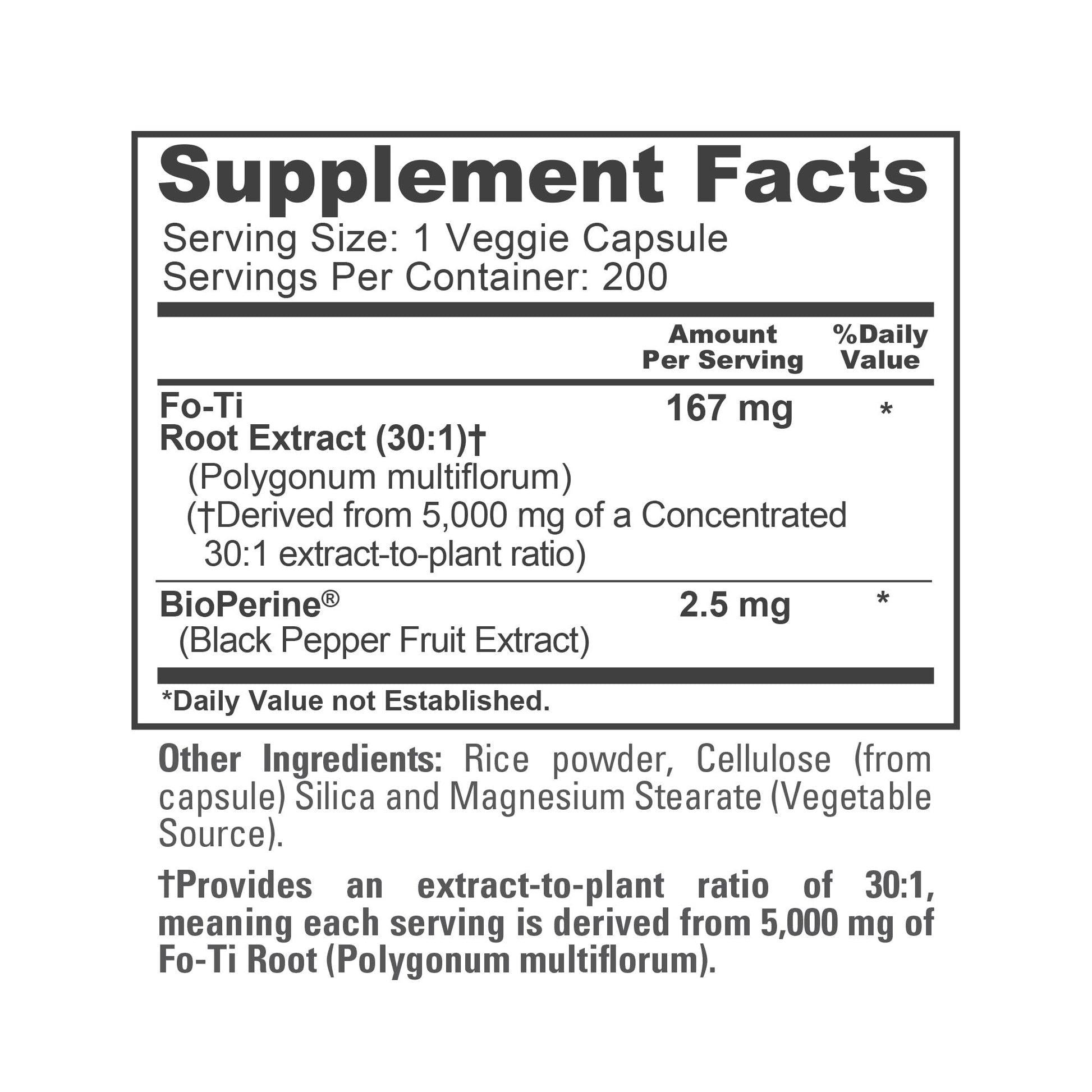 NusaPure Fo-Ti 30:1 Extract, 167 mg Equivalent to 5000mg per Veg Caps, 200 Count, Non-GMO, Vegan, Bioperine NusaPureAu supplements