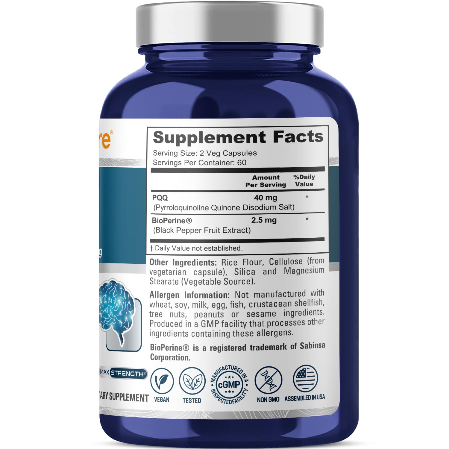 NusaPure PQQ Supplement 40 mg, 120 Veggie Capsules, Non-GMO, Pyrroloquinoline Quinone Disodium Salt, Bioperine & Vegan NusaPureAu supplements