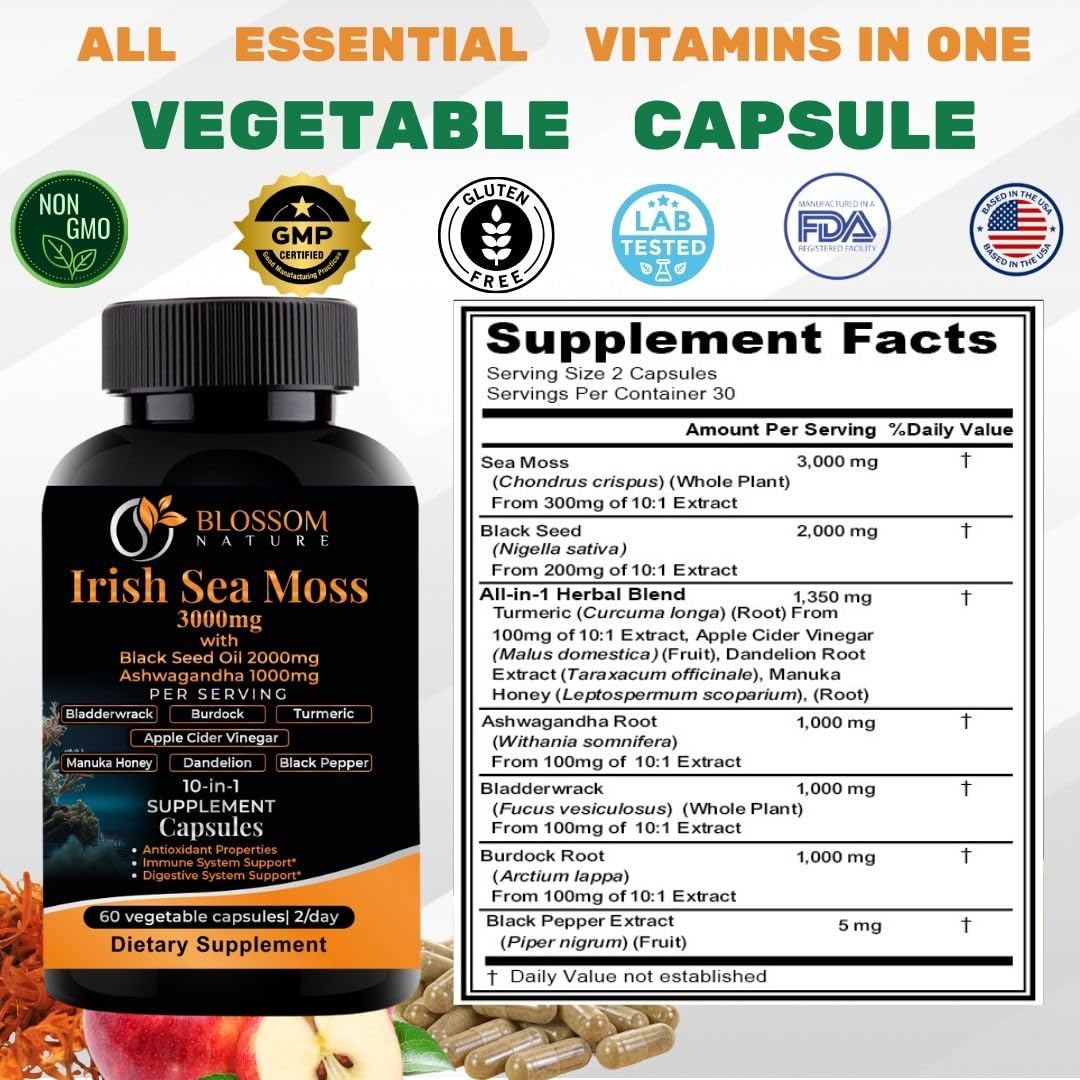 10-in-1 Irish Sea Moss Veggie Caps 3000mg Black Seed Oil Ashwagandha Bladderwrack Burdock Turmeric Apple Cider Vinegar Manuka Honey Dandelion Black Pepper - Made in US(Veggie Caps, Unflavored) Blossom NatureAu supplements