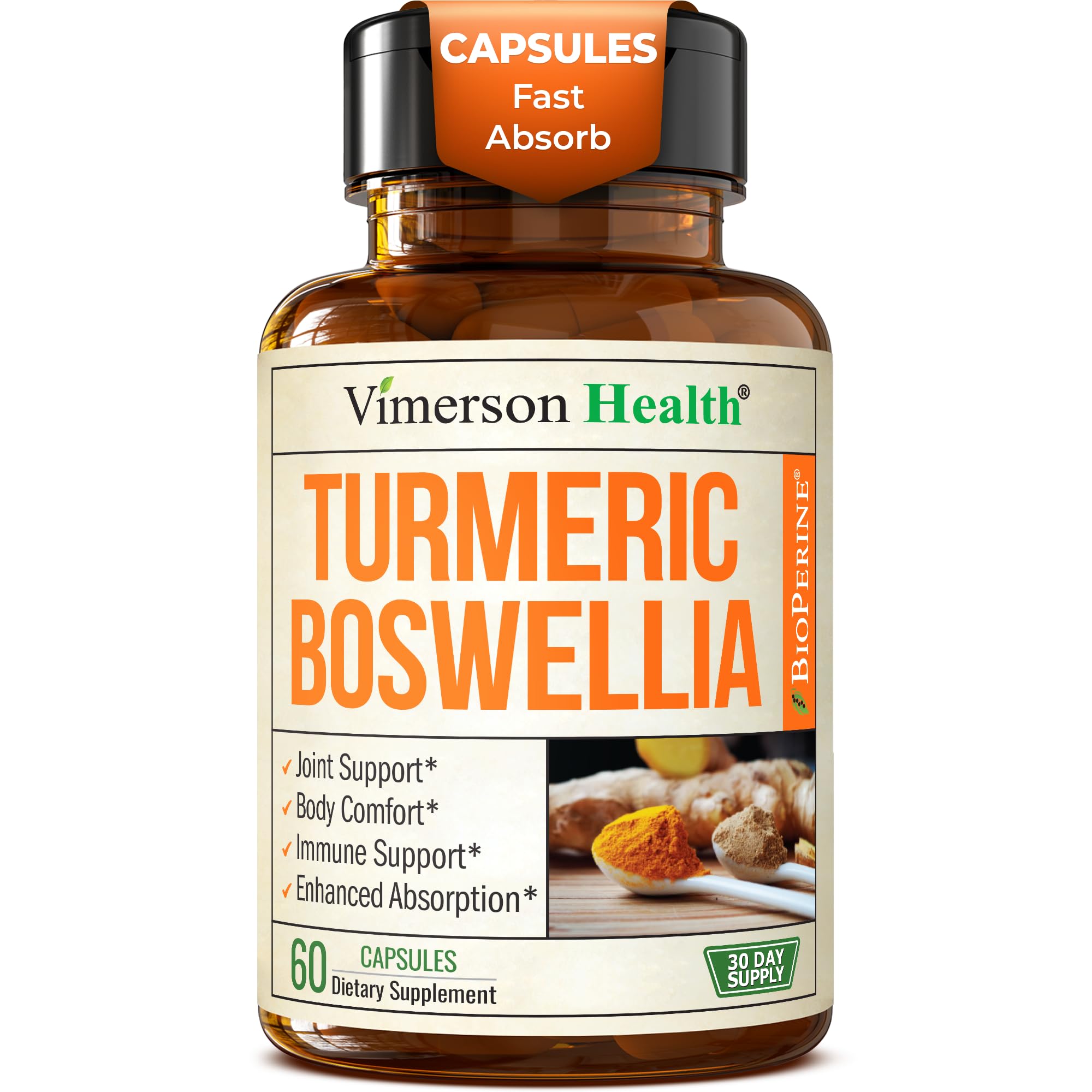 Turmeric Supplement w/Boswellia Serrata – Daily Support for Joint Health & Comfort – Organic Turmeric Curcumin Powder, Bioperine for Enhanced Absorption & Ginger Root – 60 Boswellia Extract Capsules Vimerson HealthAu supplements