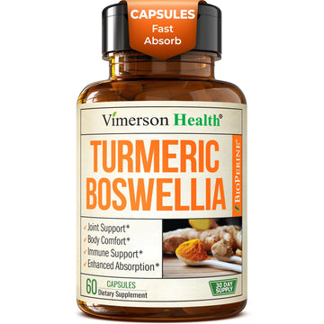 Turmeric Supplement w/Boswellia Serrata – Daily Support for Joint Health & Comfort – Organic Turmeric Curcumin Powder, Bioperine for Enhanced Absorption & Ginger Root – 60 Boswellia Extract Capsules Vimerson HealthAu supplements