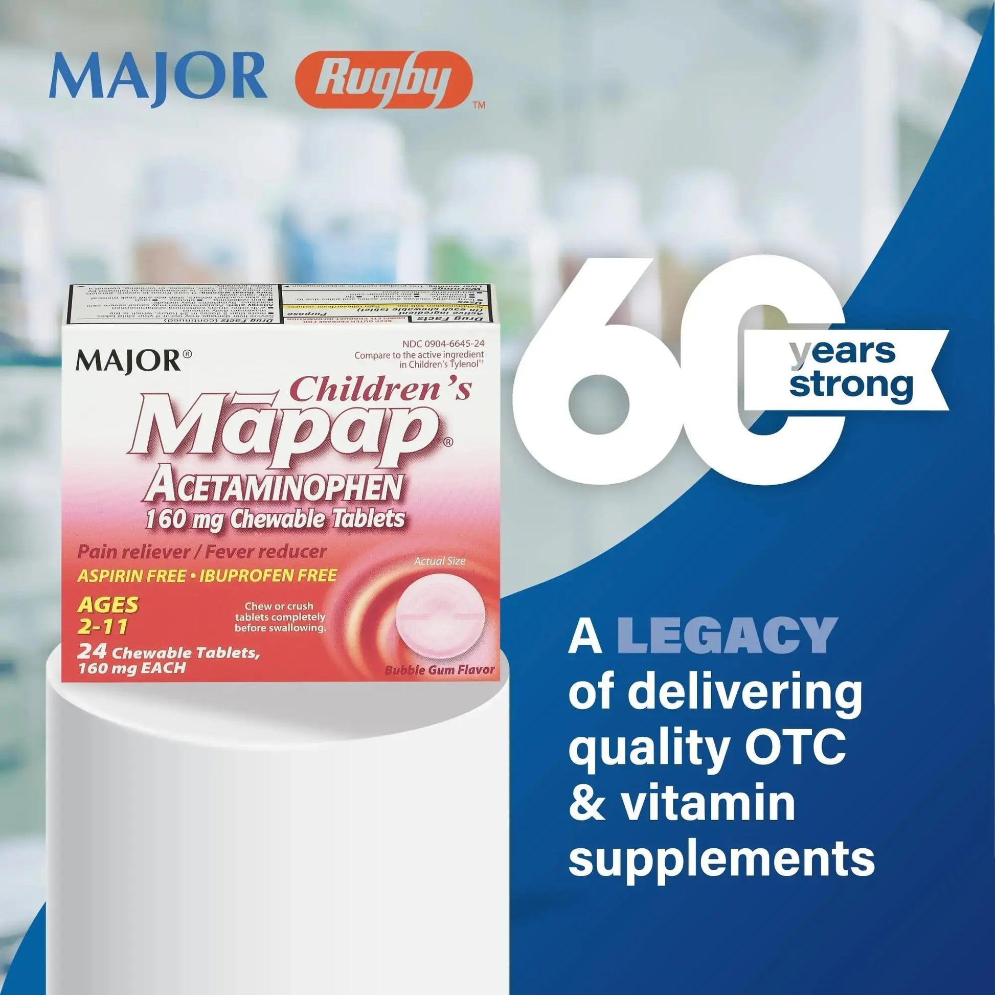 MAJOR Children’s Mapap Acetaminophen 160 mg Chewable Tablets - Pain Reliever/Fever Reducer - Aspirin Free - Ibuprofen Free - for Ages 2 to 11-24 Count (3 Pack) MAJORAu supplements