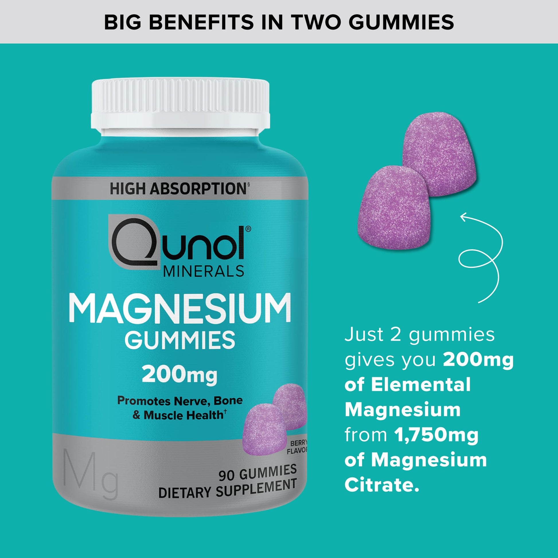 Qunol Magnesium Gummies for Adults, 200mg Elemental Magnesium (from 1,750mg Magnesium Citrate), High Absorption Magnesium Supplement, Supports Nerve, Bone and Muscle Health, Vegetarian, 90 Count QunolAu supplements
