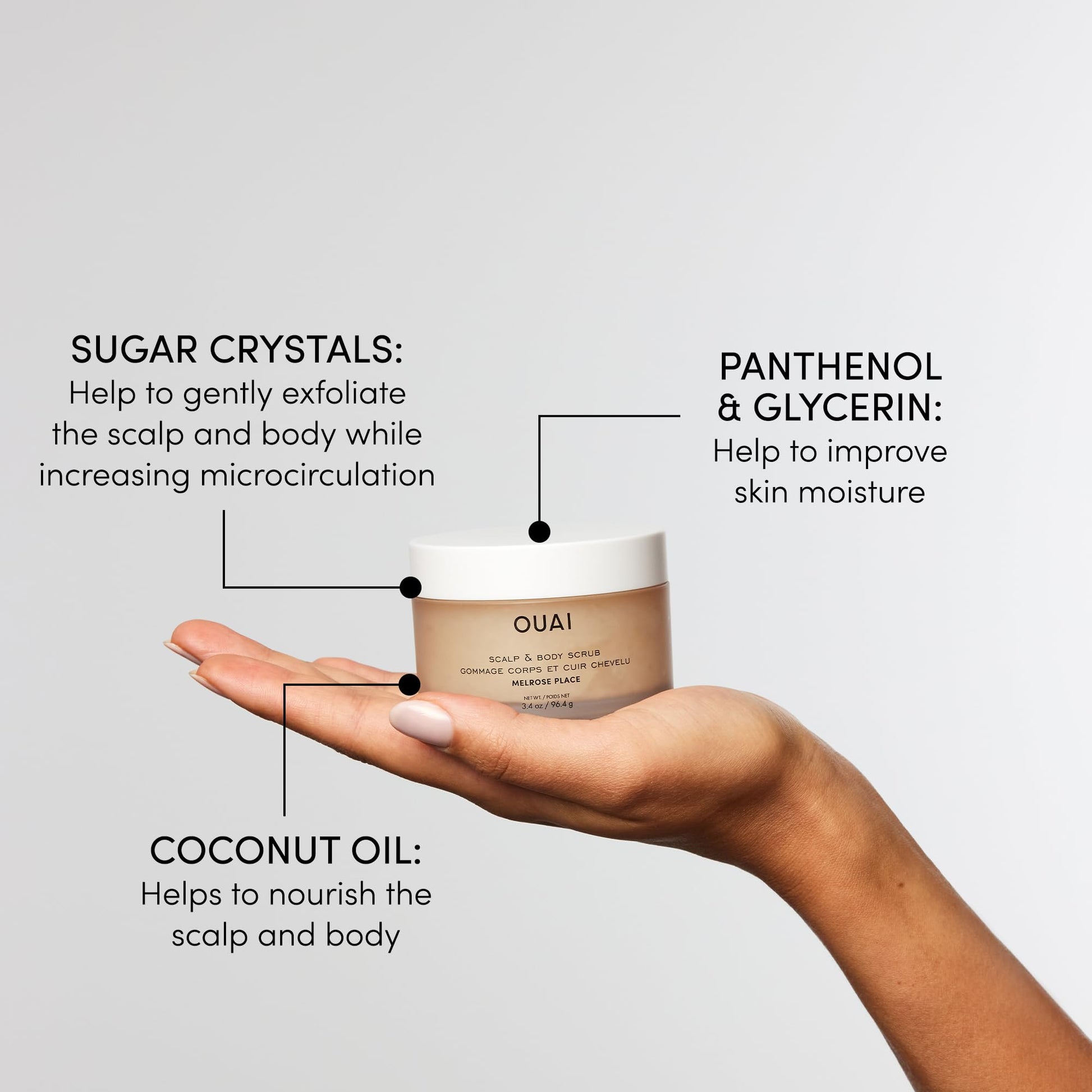 OUAI Scalp & Body Scrub Travel Size, Melrose Place - Exfoliating Body Scrub with Sugar & Coconut Oil Blend for Smooth, Moisturized Skin - Gentle for Removing Product Build Up (3.4 Oz) OUAIAu supplements
