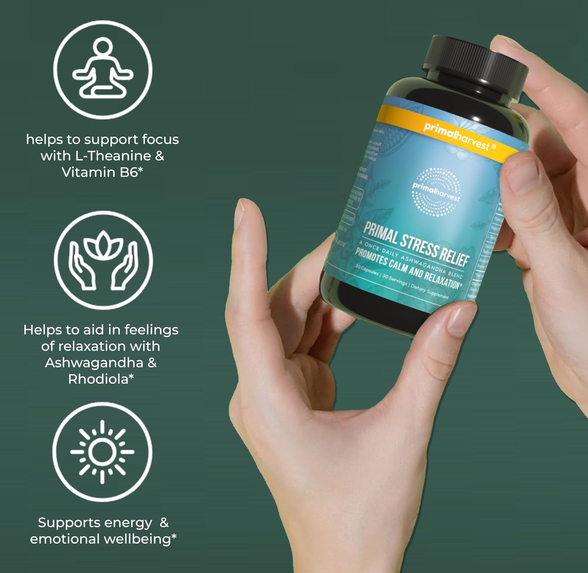 Primal Harvest Stress Relief Supplement for Women and Men Pure Ashwagandha Root Extract, L-Theanine Supplements, 30 Capsules Primal HarvestAu supplements