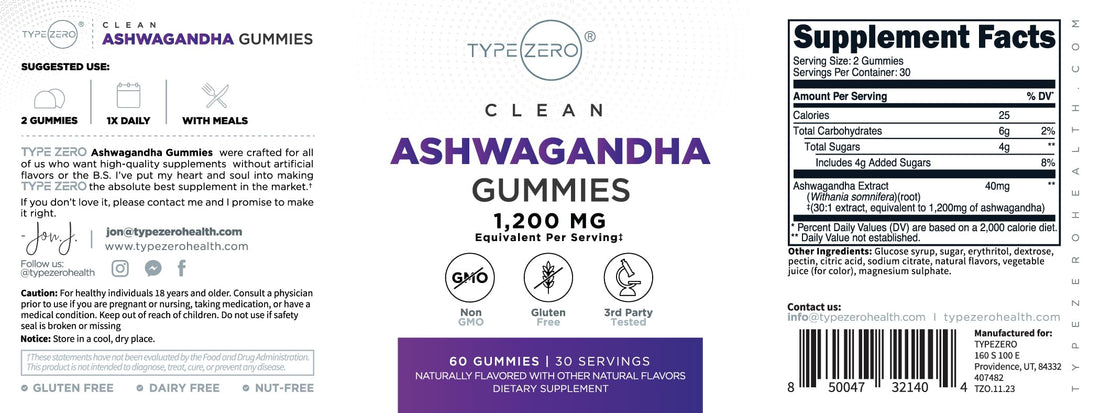 Type Zero Ashwagandha Gummies 1,200mg, 60 Gummies - Ashwagandha Herbal Extract Supplement - 30 Servings, Gluten Free, Non-GMO Type ZeroUS supplements