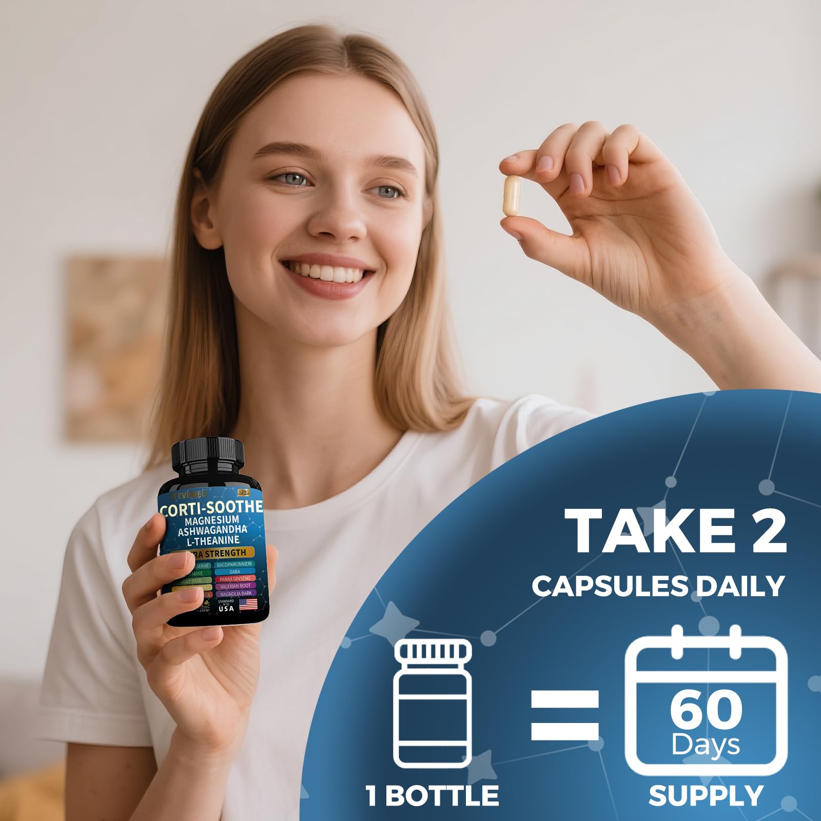 Corti-Soothe Cortisol Supplement for Women and Men with Magnesium Glycinate 200mg, L-Theanine 150mg, Phosphatidylserine 50mg & Manager Holy Basil Ginkgo Biloba Bacopa Monnieri Valerian 60 Capsules JTEVEweuAu supplements