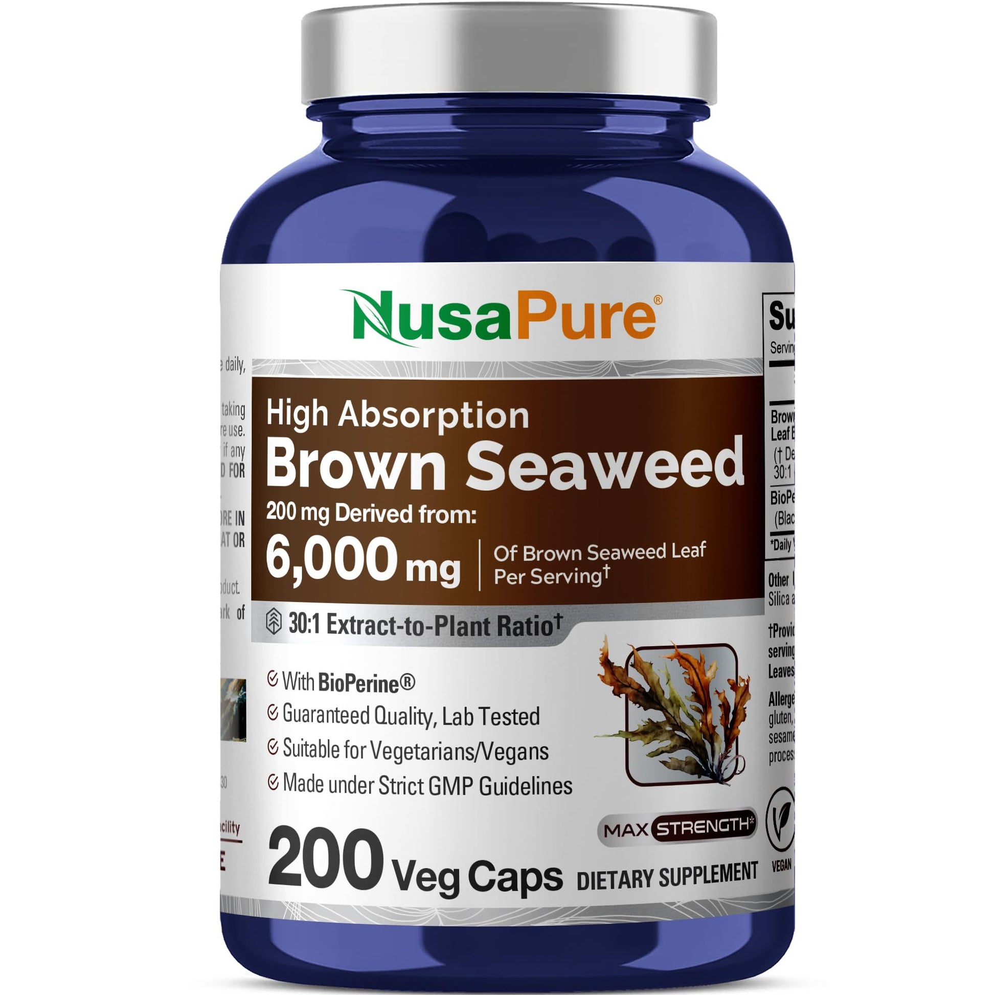 NusaPure Brown Seaweed 30:1 Extract, 200 mg Equivalent to 6,000 mg 200 Veggie Capsules - (Vegan, Non-GMO Bioperine) NusaPureAu supplements