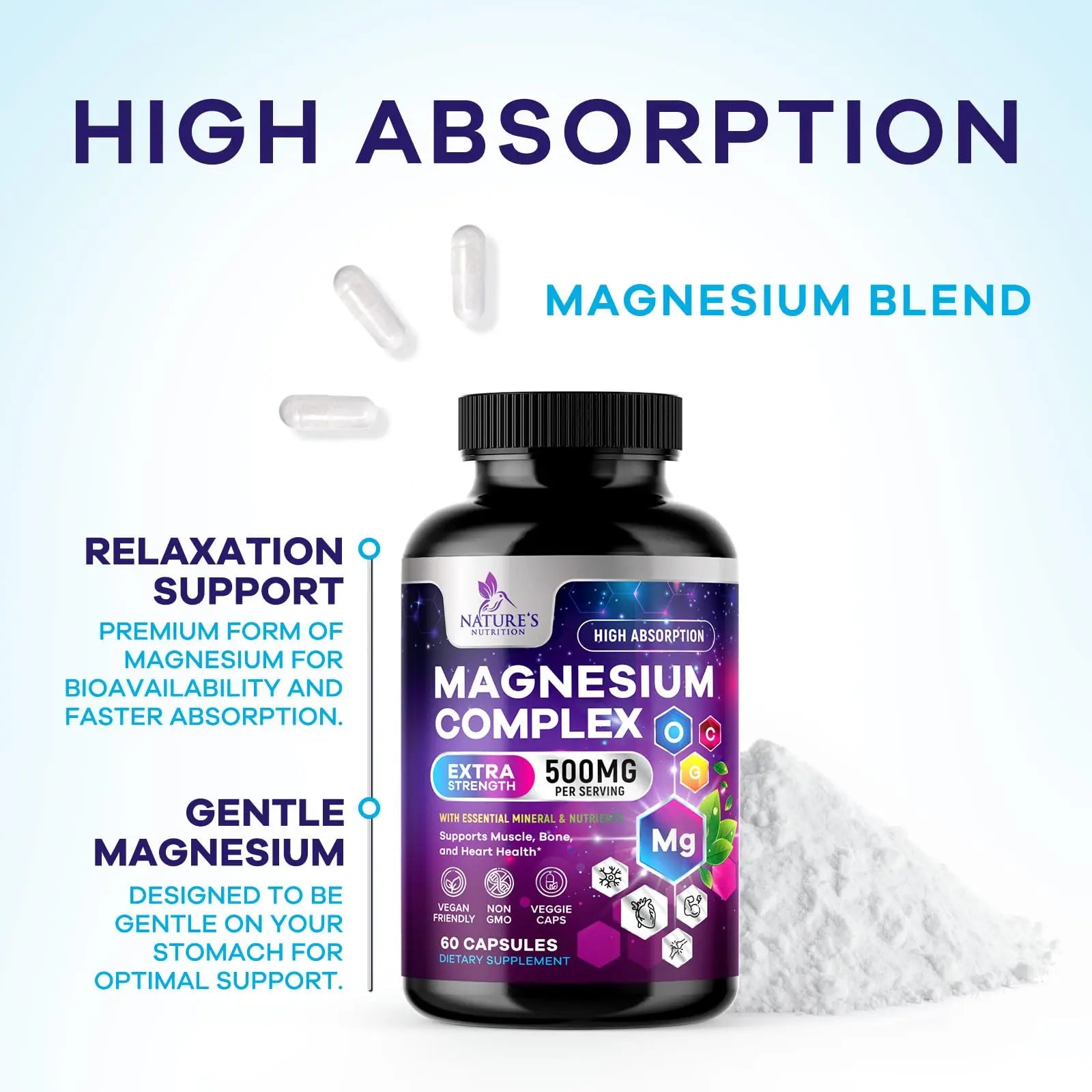 Magnesium Complex Supplement - Magnesium 500 mg Per Serving - 4 in 1 High Absorption Blend - 100% Chelated Magnesium Glycinate with Malate, Citrate & Oxide - Vegan Complex - USA Bottled - 60 Capsules Nature's Nutritionnz supplements
