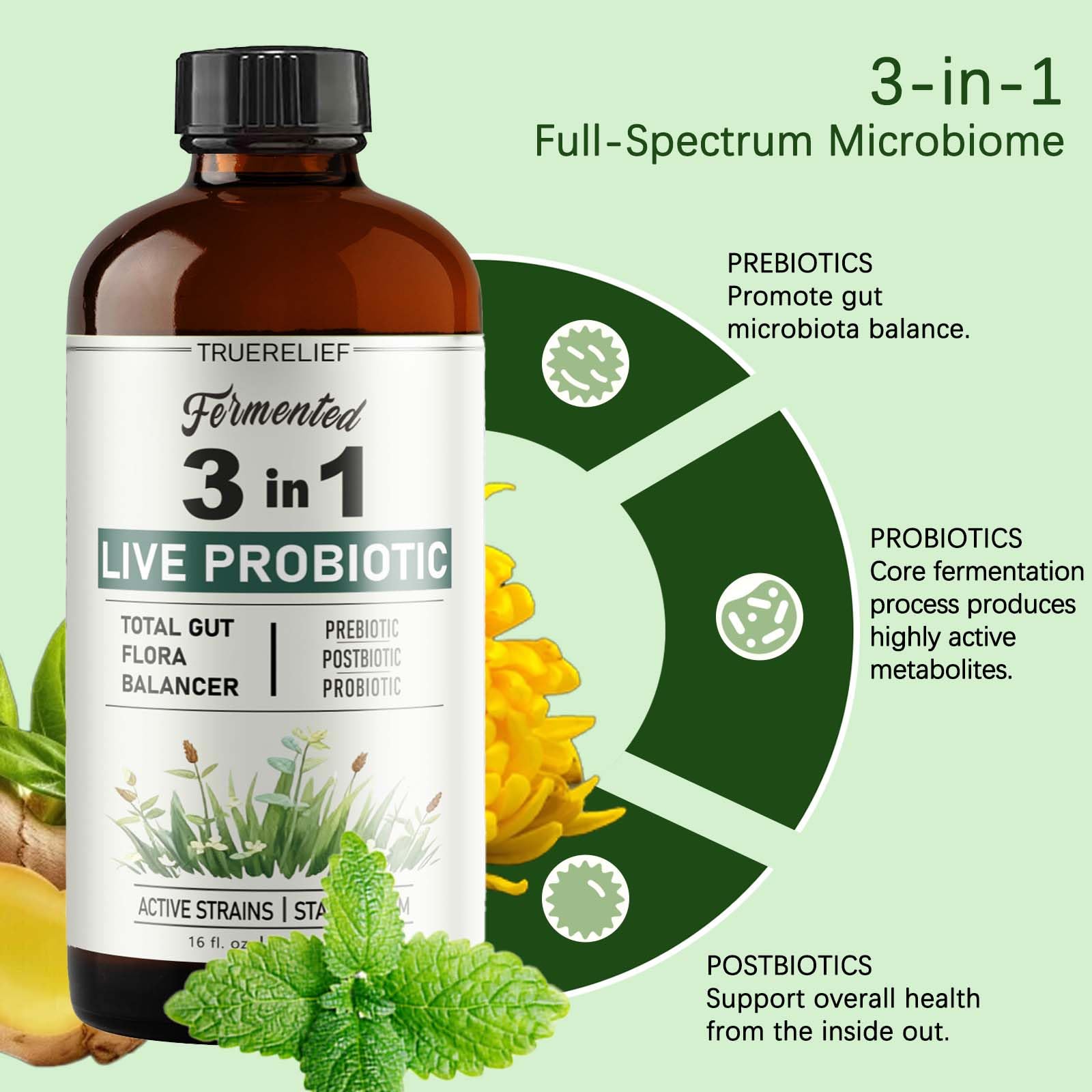 TRUERELIEF Women's Daily Probiotic + Prebiotic + Postbiotic Liquid, 3-in-1 for Gut Health, 10 Strains & 18 Fermented Herbs (1) TRUERELIEFAu supplements