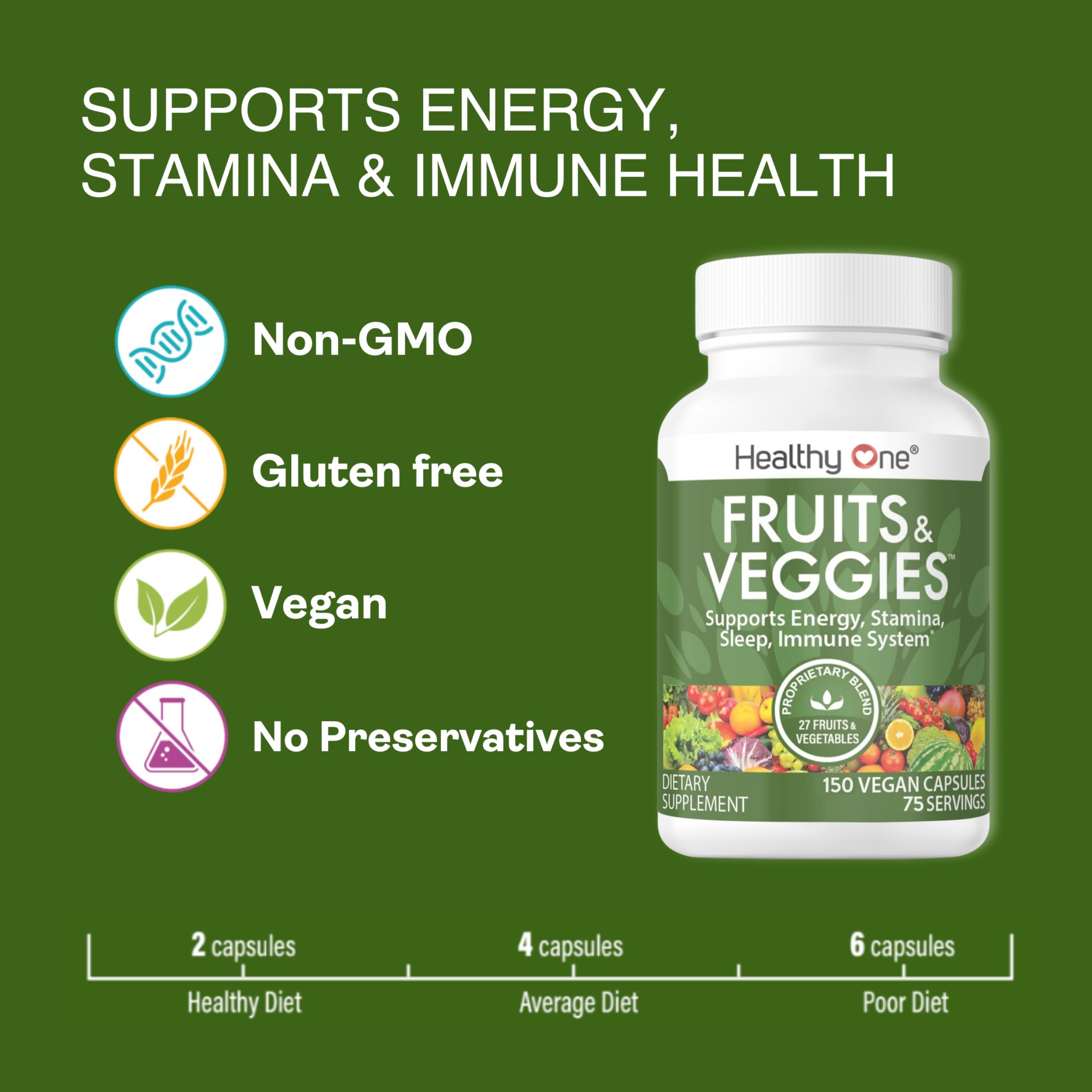 Fruits & Veggies Formula - 27 Premium Whole Foods - Organic Ingredients - Equals 3 Servings of Fruits & Vegetables - Improve Energy, Focus & Immune Function - Fiber - Antioxidants - 150ct (75 Serv) Healthy OneAu supplements